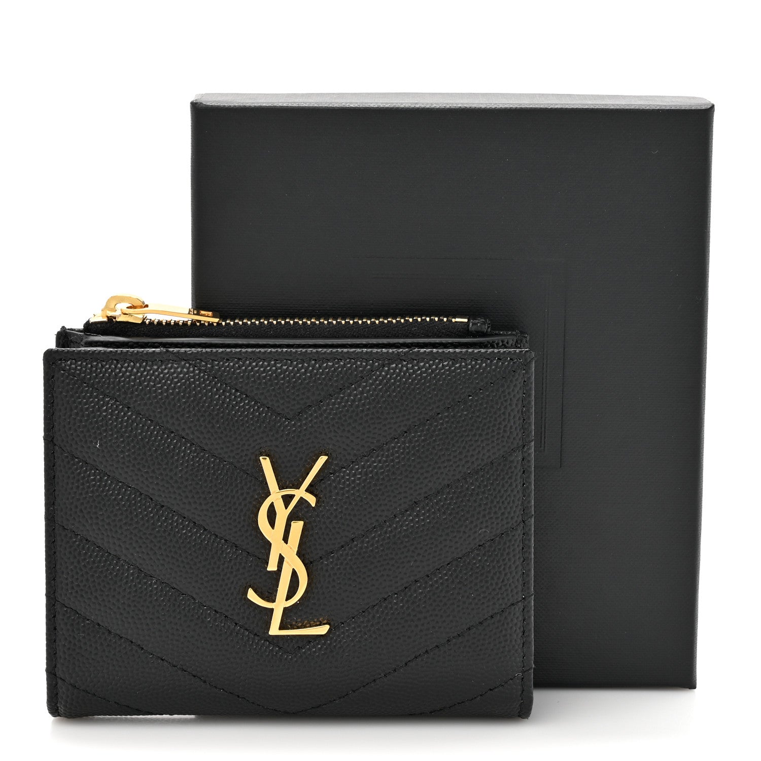 Saint Laurent Grain De Poudre Matelasse Chevron Monogram Compact Wallet Black 9 of 9