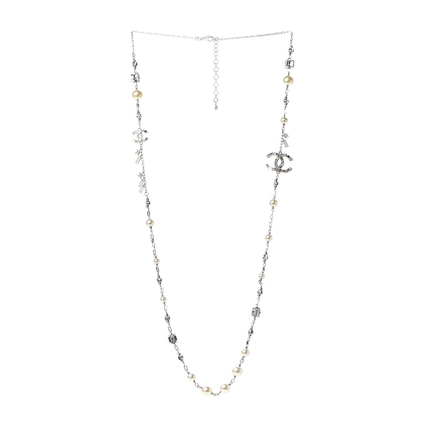 Pearl Baguette Crystal CC Long Necklace Silver