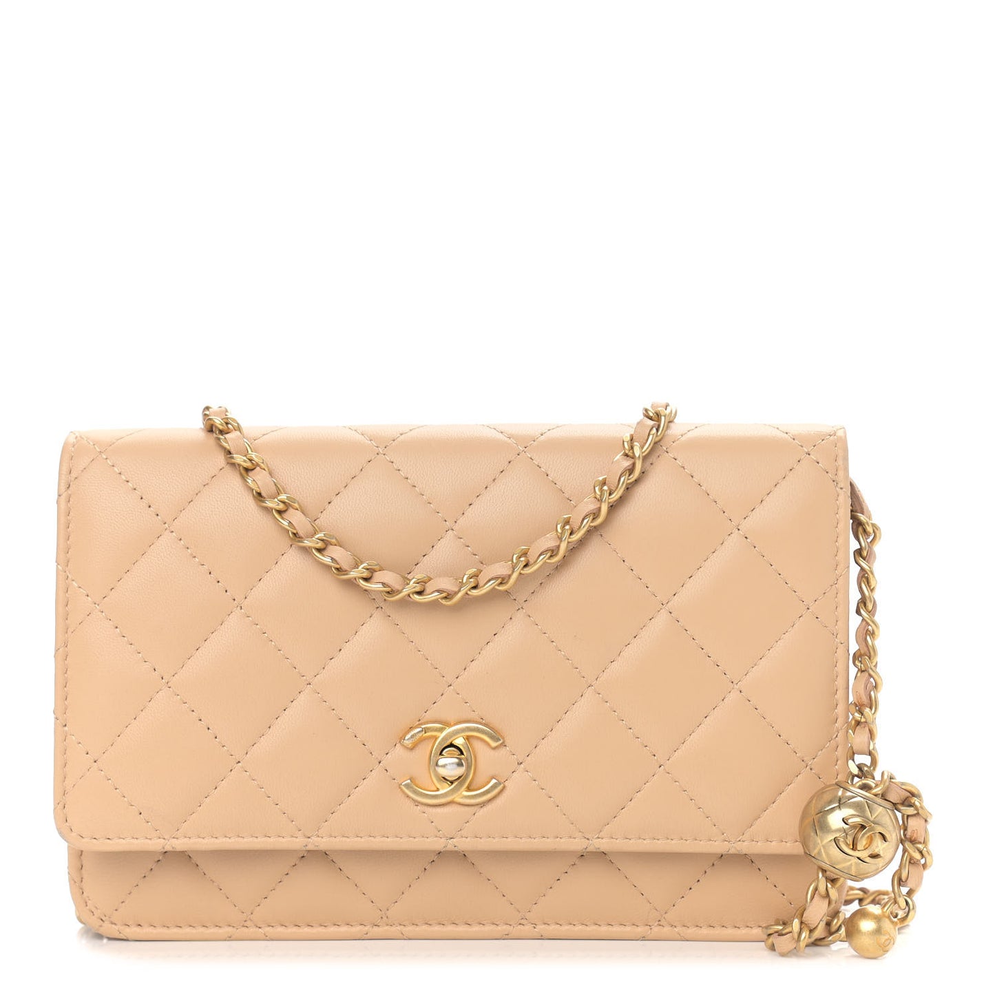 Lambskin Quilted CC Pearl Crush Wallet on Chain WOC Beige