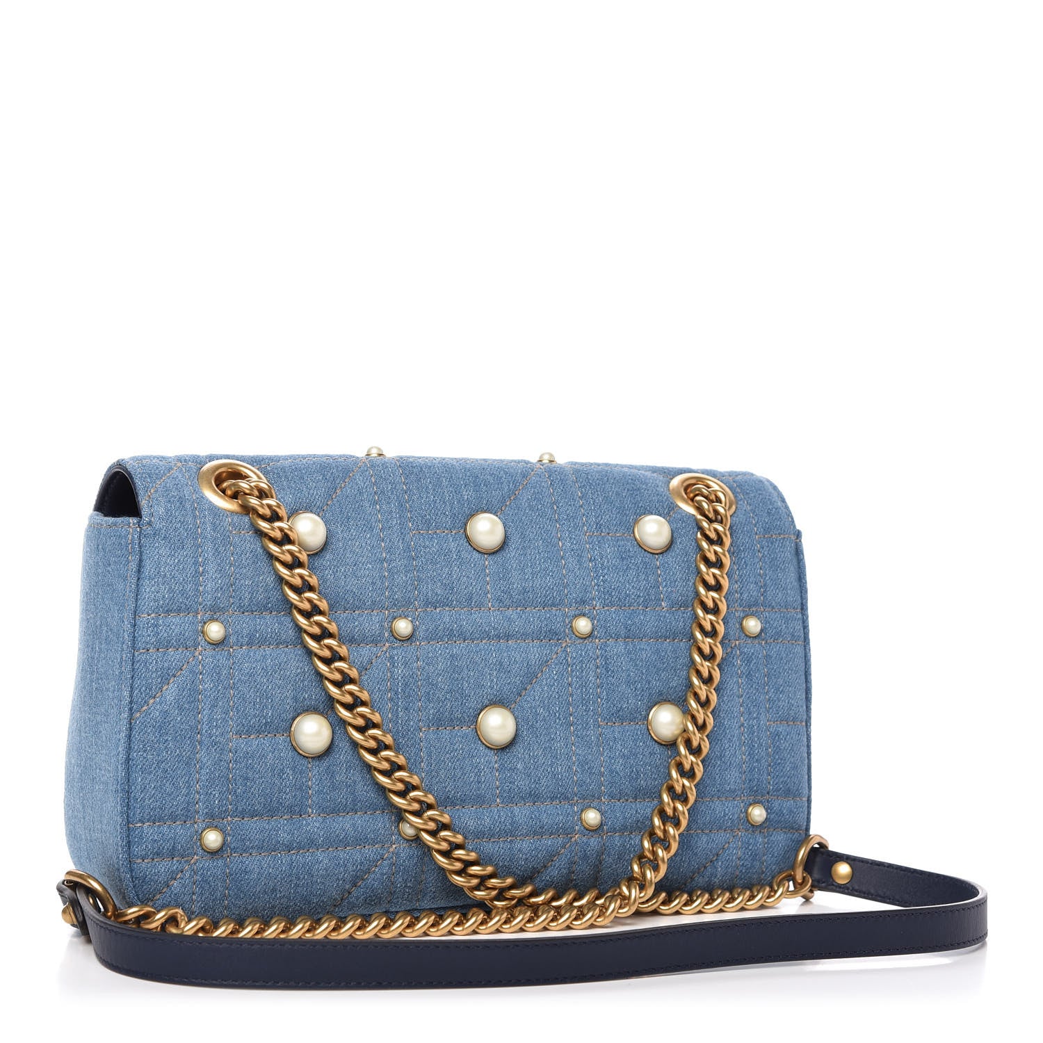 Gucci Denim Matelasse Pearl Studded Small GG Marmont Shoulder Bag Blue 3 of 10