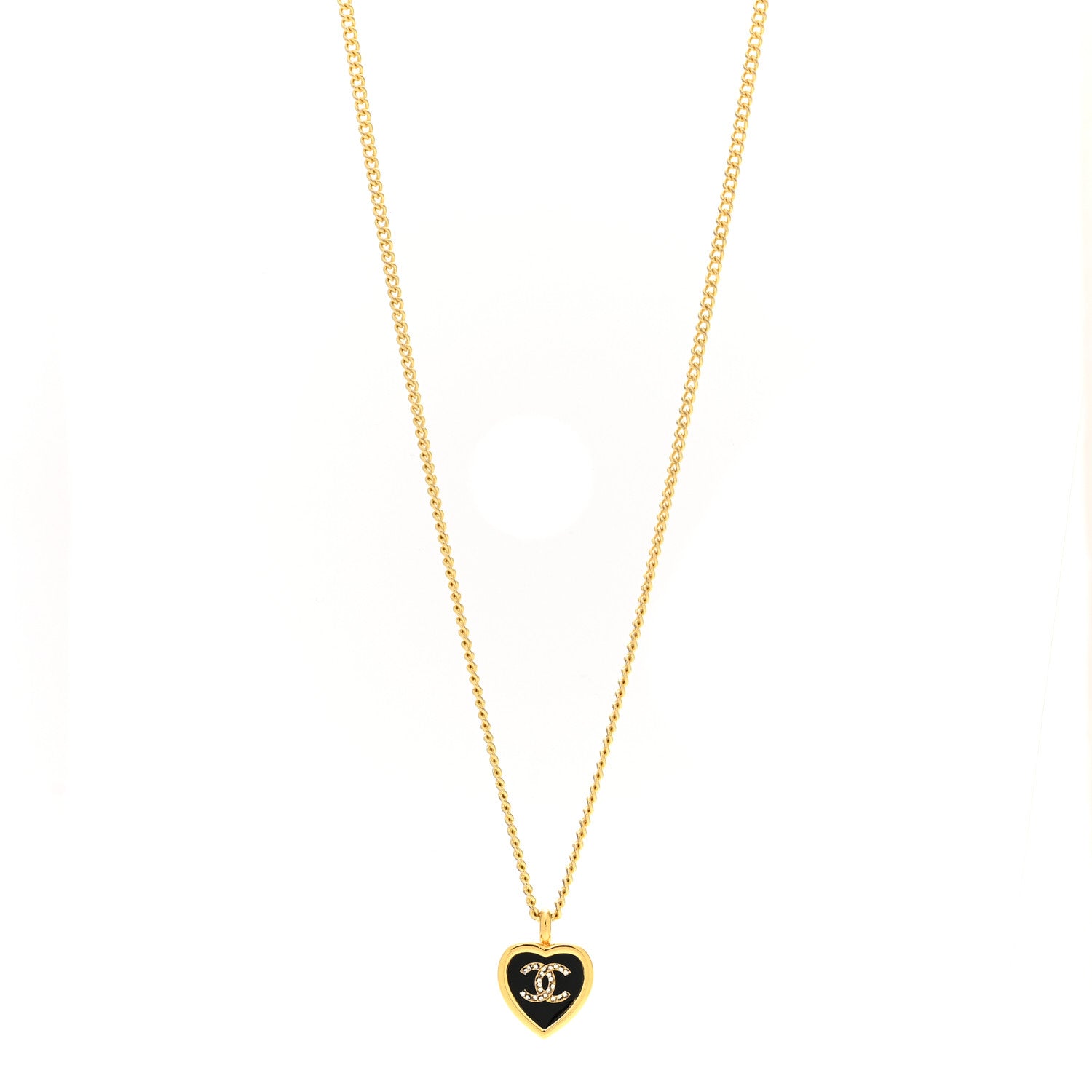Chanel Metal Resin Crystal CC Heart Necklace Gold Black 1 of 6