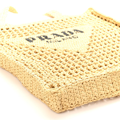 Prada Yarn Raffia Effect Crochet Logo Embroidered Tote Bag Naturale 8 of 9