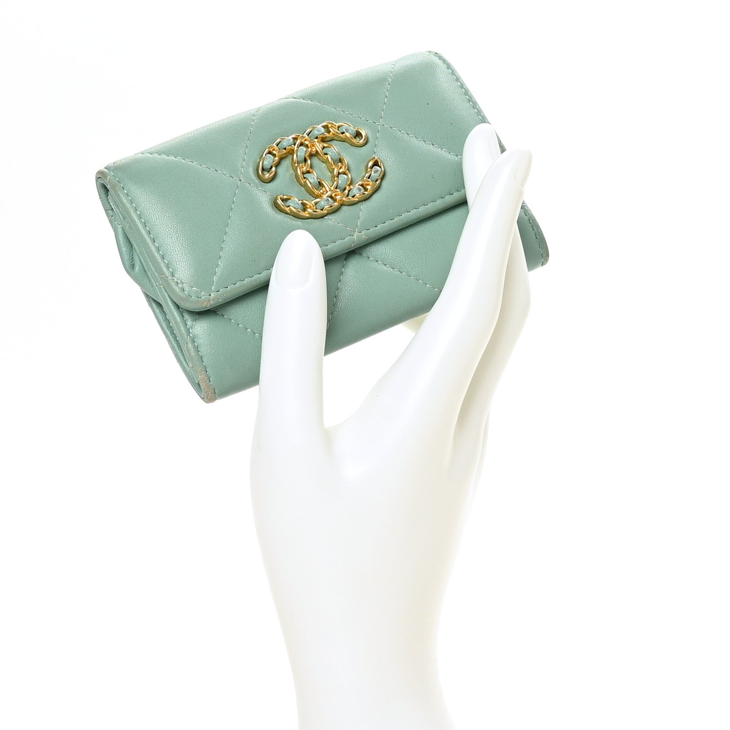 Lambskin Quilted Chanel 19 Flap Card Holder Light Green