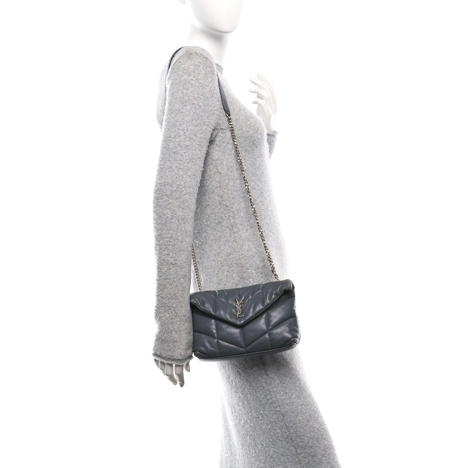 Saint Laurent Lambskin Quilted Toy Loulou Puffer Monogram Chain Satchel Storm 2 of 10