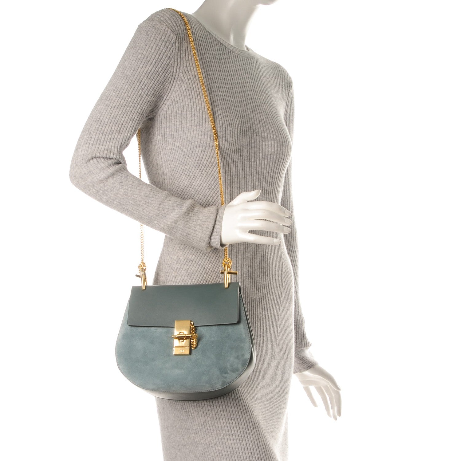 Chloe Suede Smooth Calfskin Drew Shoulder Bag Cloudy Blue 2 of 7