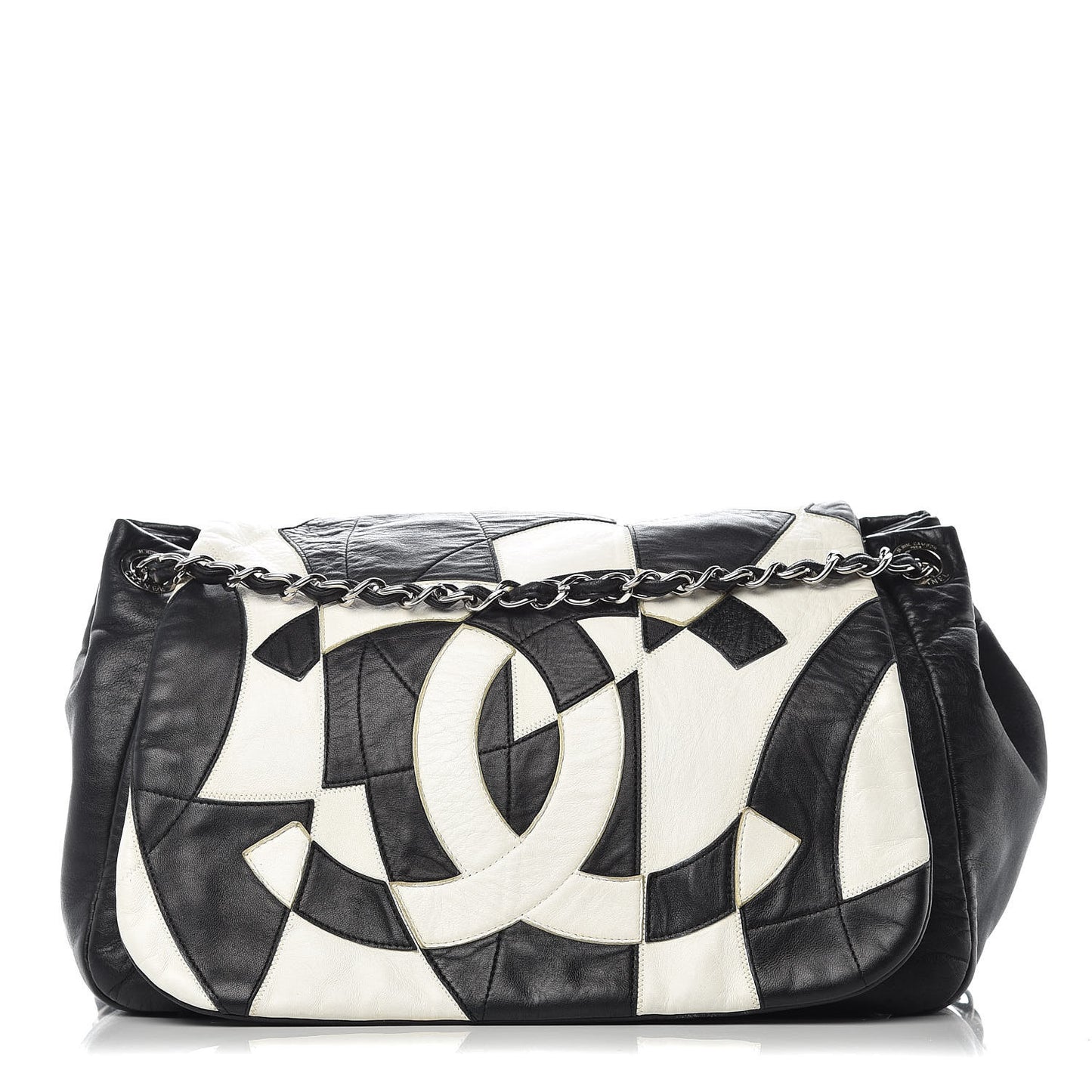 Lambskin Patchwork Accordion Flap Black White