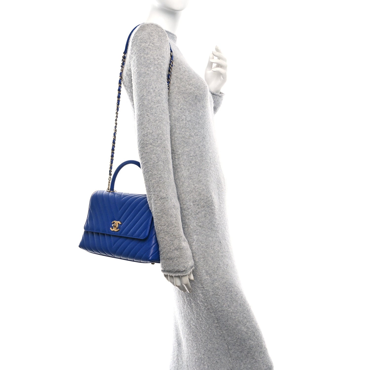 Chanel Caviar Chevron Quilted Small Coco Handle Flap Blue 2 of 10