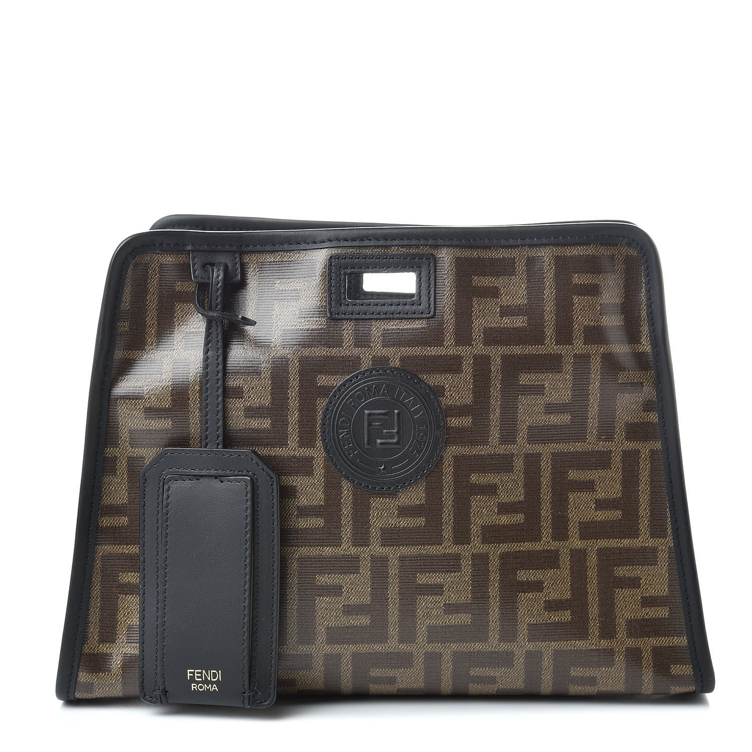 Fendi Glazed Fabric Vitello Century FF 1974 Stamp Patch Mini Peekaboo Defender Cover Mogano Panna Black 1 of 8