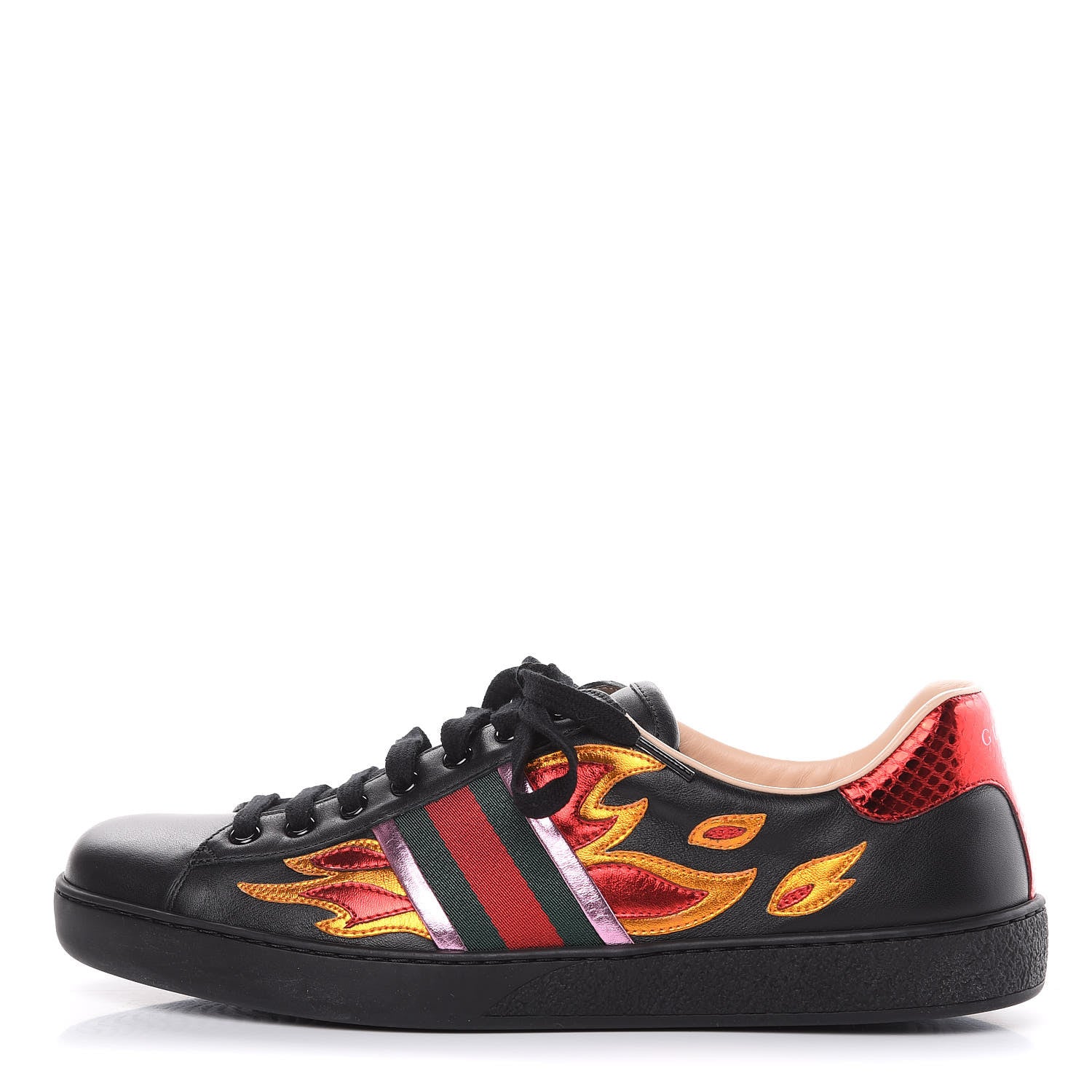 Gucci Calfskin Ayers Web Flames Embroidered Mens Ace Sneakers 10 Black 1 of 9