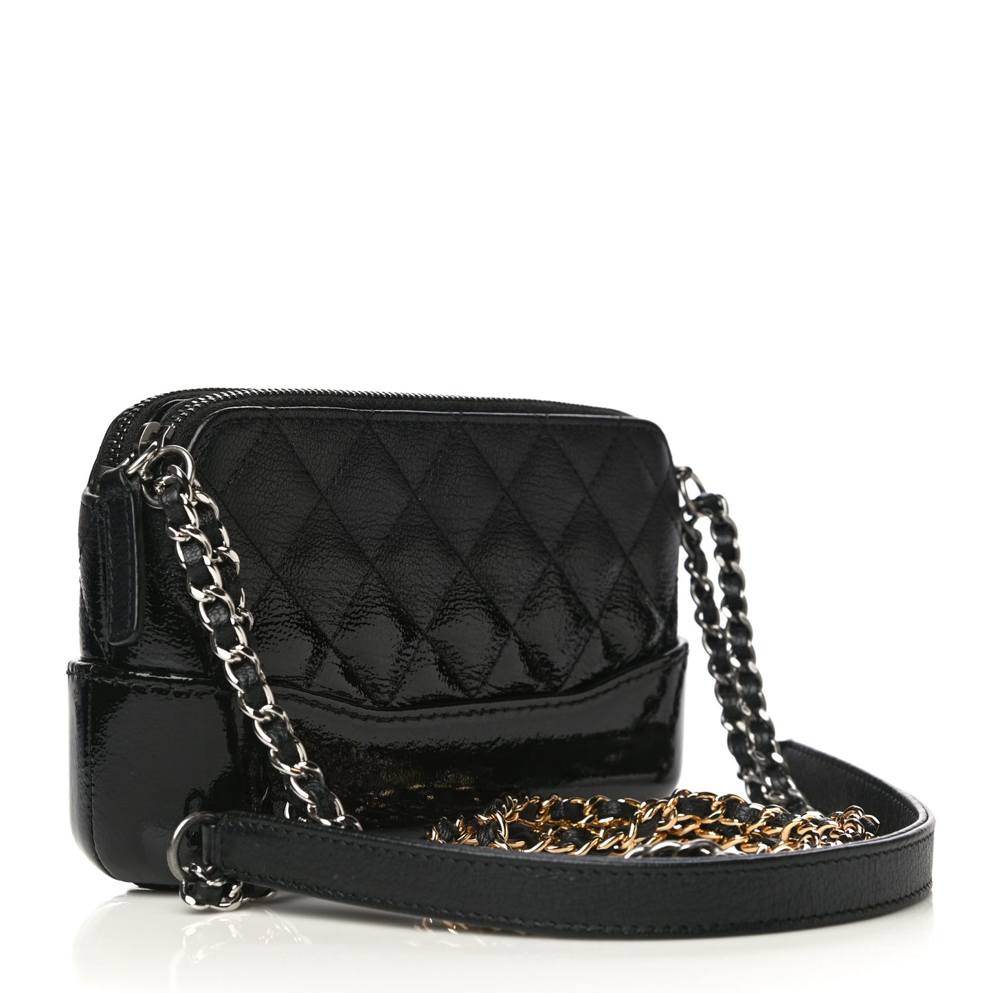 Patent Goatskin Quilted Small Gabrielle Clutch With Chain Black