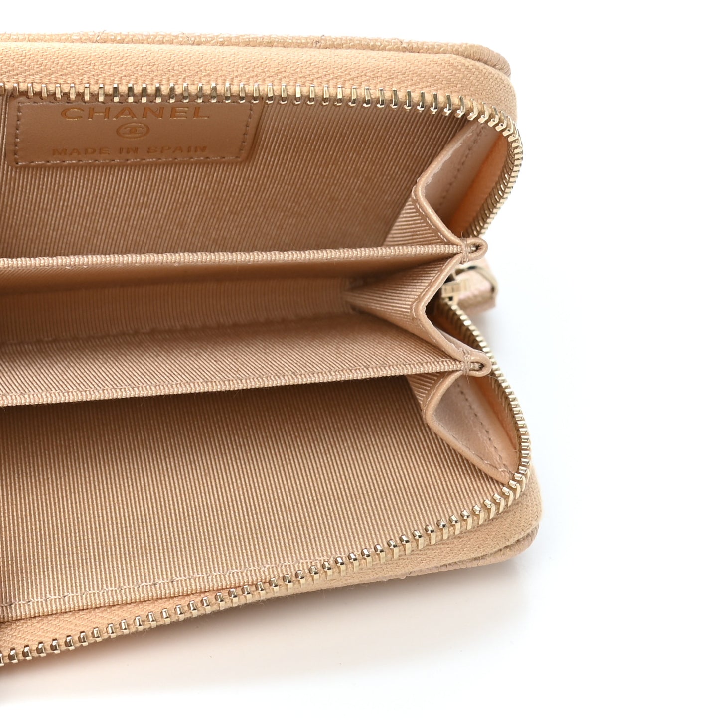 Iridescent Caviar Quilted Zip Around Coin Purse Beige