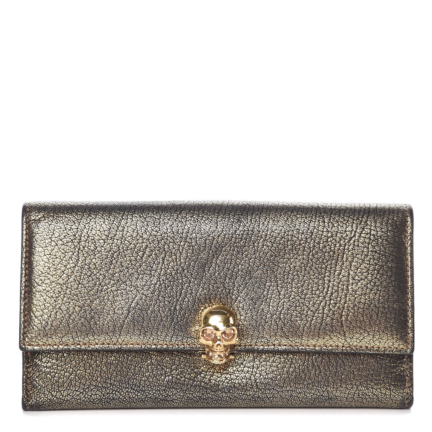 Metallic Calfskin Skull Continental Wallet Antique Gold