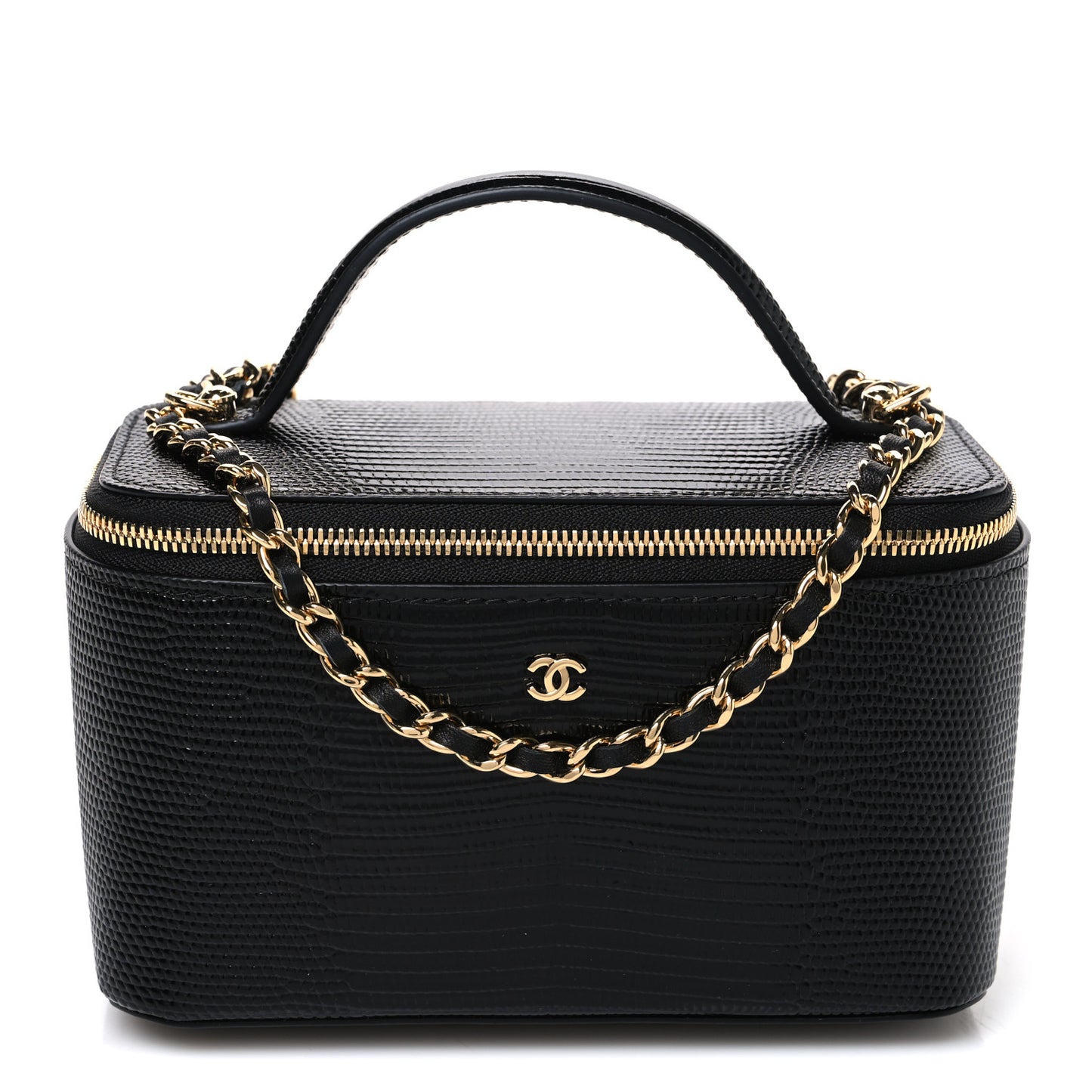 Calfskin Lizard Embossed Top Handle Vanity With Chain Black