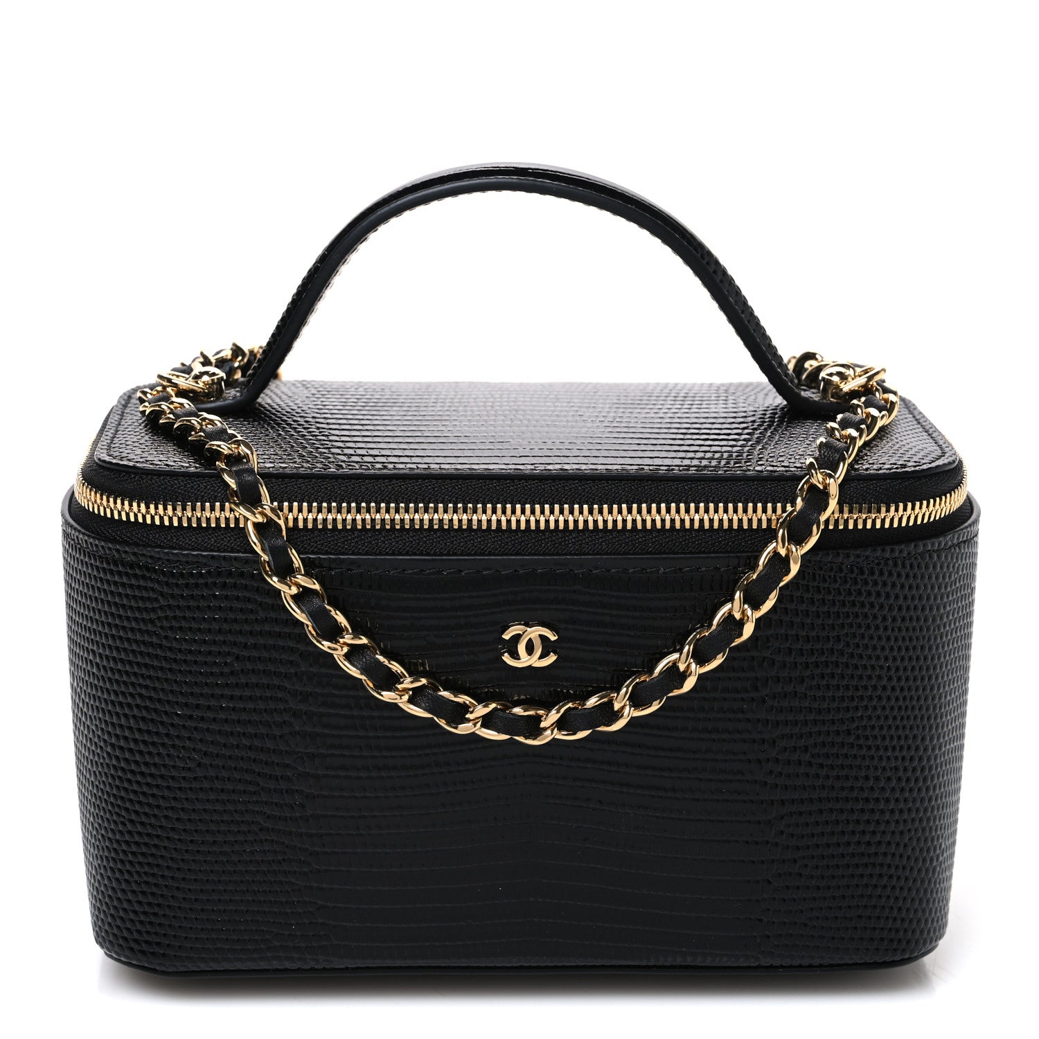 Chanel Calfskin Lizard Embossed Top Handle Vanity With Chain Black 1 of 11