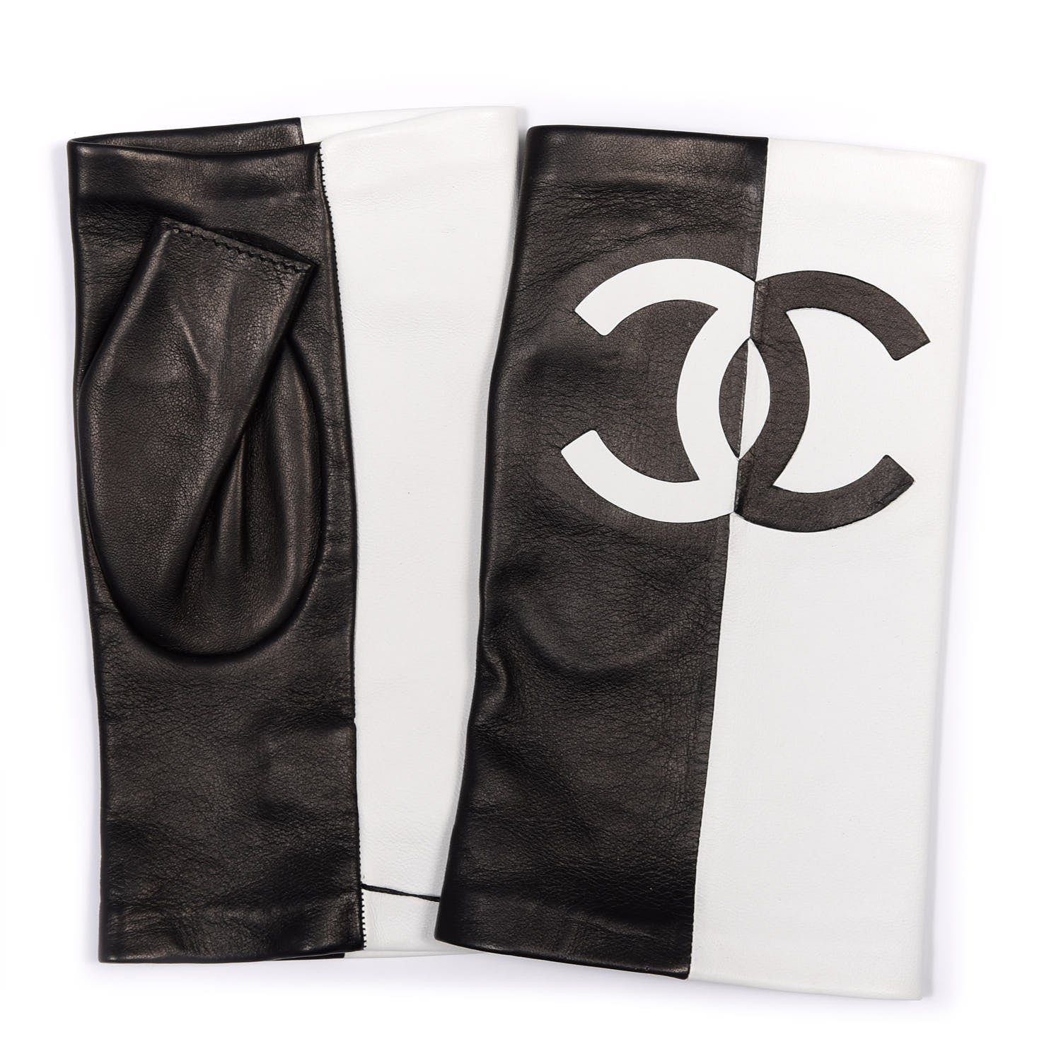 Chanel Lambskin CC Fingerless Gloves 8 Black White 2 of 5