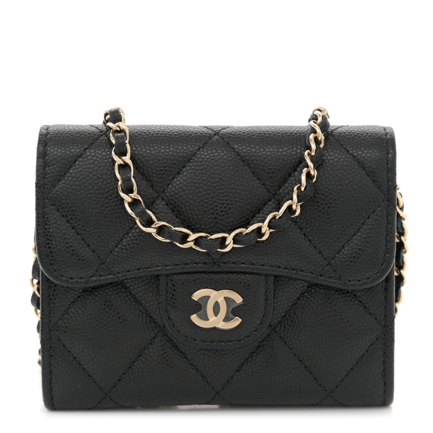 Caviar Quilted Flap Card Holder On Chain Black