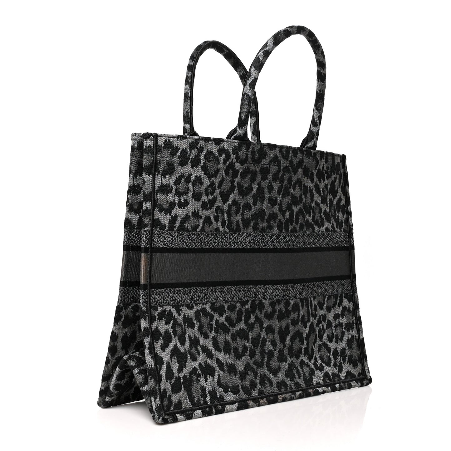 Canvas Mizza Embroidered Large Leopard Book Tote Grey
