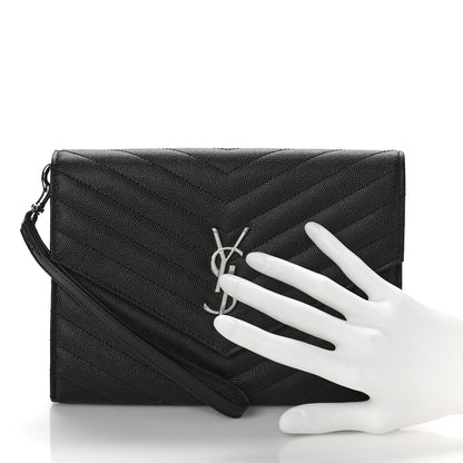Saint Laurent Grain De Poudre Matelasse Chevron Monogram Envelope Clutch Black 2 of 9