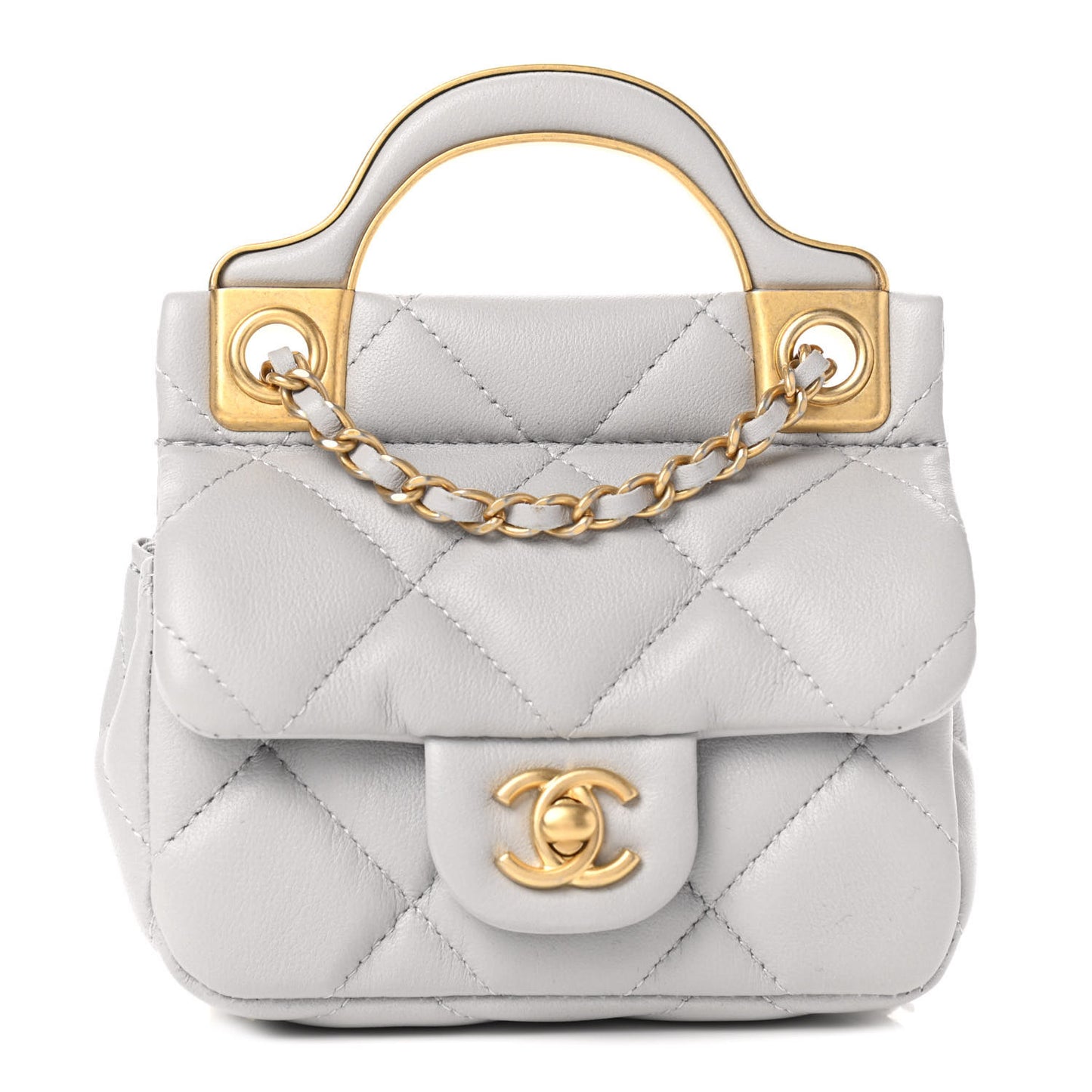 Calfskin Quilted Lady Handle Flap Card Holder With Chain Grey