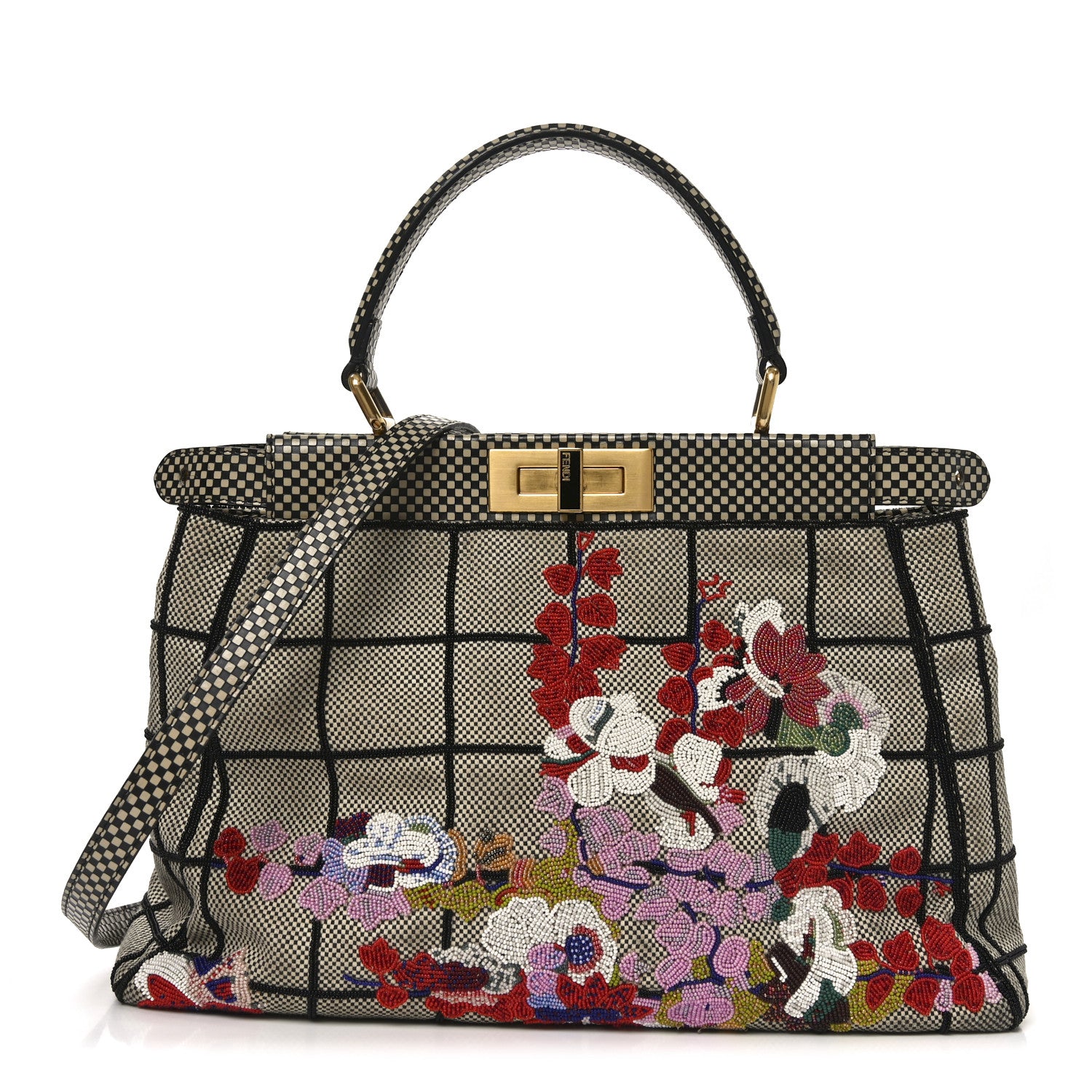 Fendi Canvas Calfskin Embroidered Medium Peekaboo Iconic Satchel Black Beige Multicolor 1 of 9