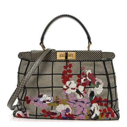 Fendi Canvas Calfskin Embroidered Medium Peekaboo Iconic Satchel Black Beige Multicolor 1 of 9