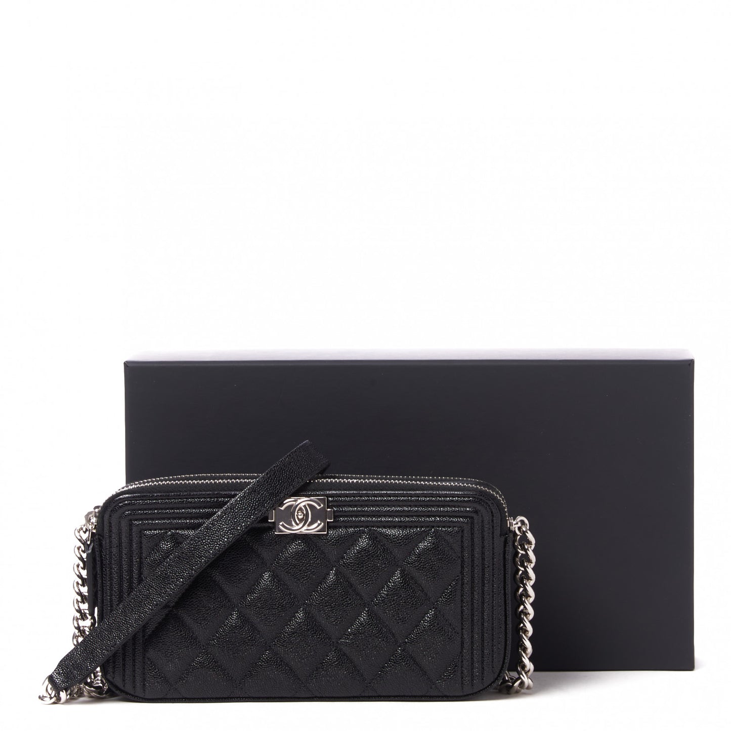 Caviar Quilted Small Boy Clutch With Chain Black