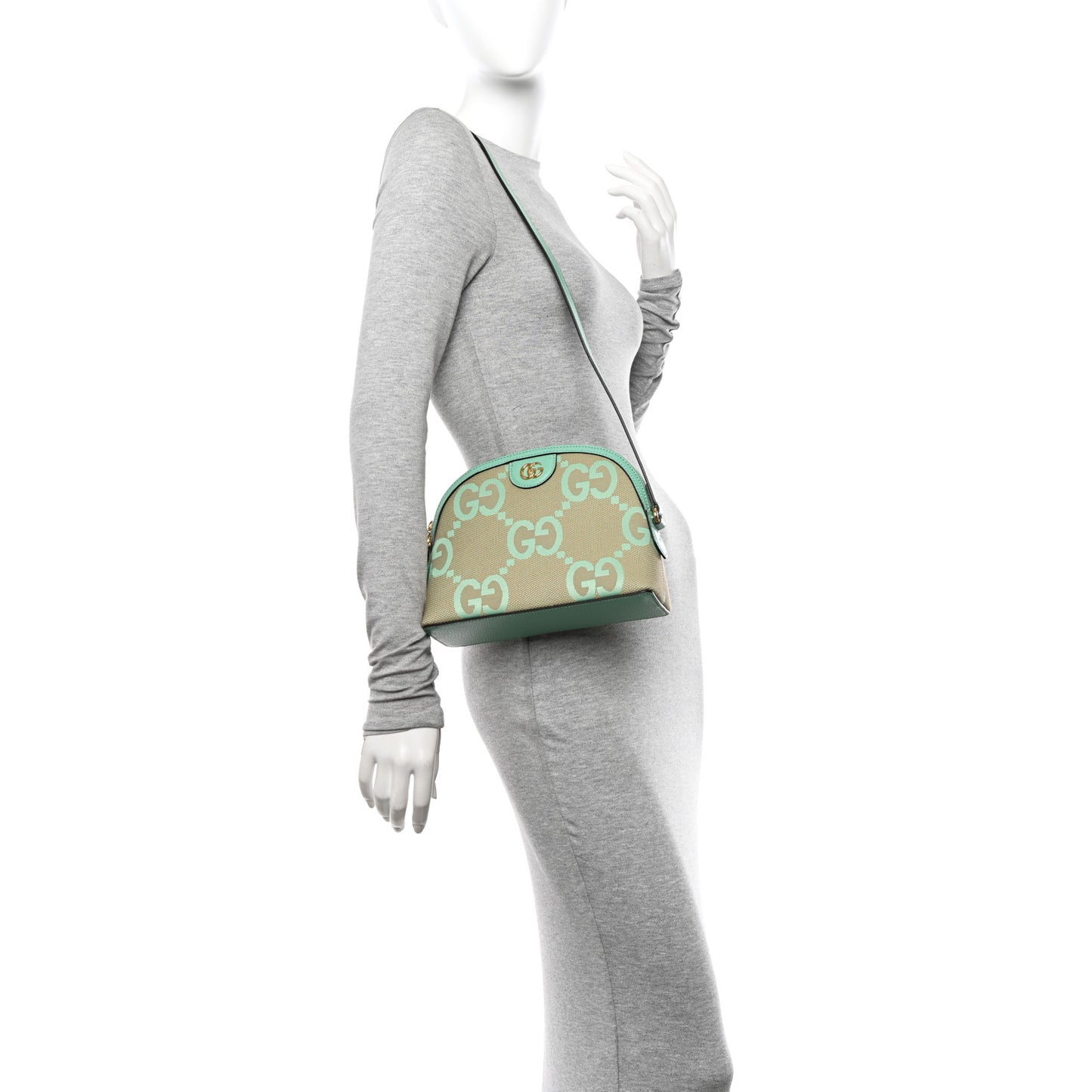 Monogram Jumbo GG Textured Dollar Calfskin Small Ophidia Dome Shoulder Bag Beige Pepperlight Mint