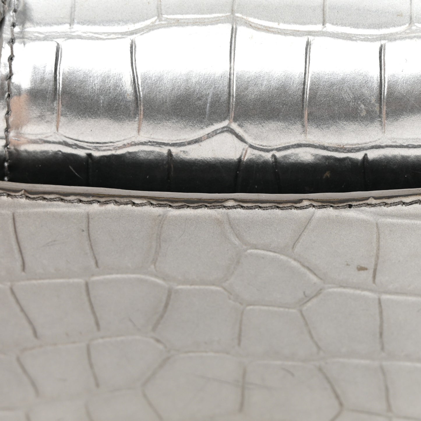 Metallic Calfskin Crocodile Embossed Hourglass Top Handle Bag XS Silver