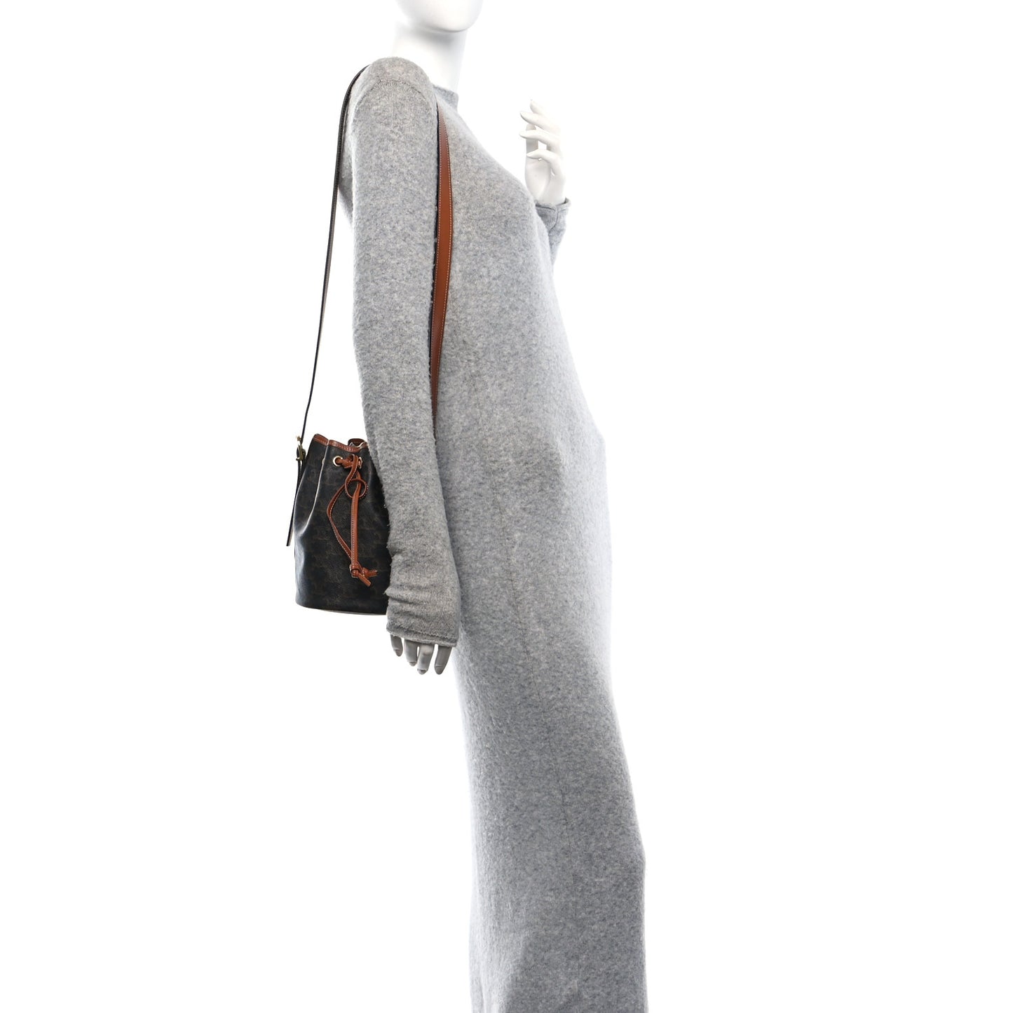 Triomphe Canvas Calfskin Small Drawstring Bucket Bag Tan