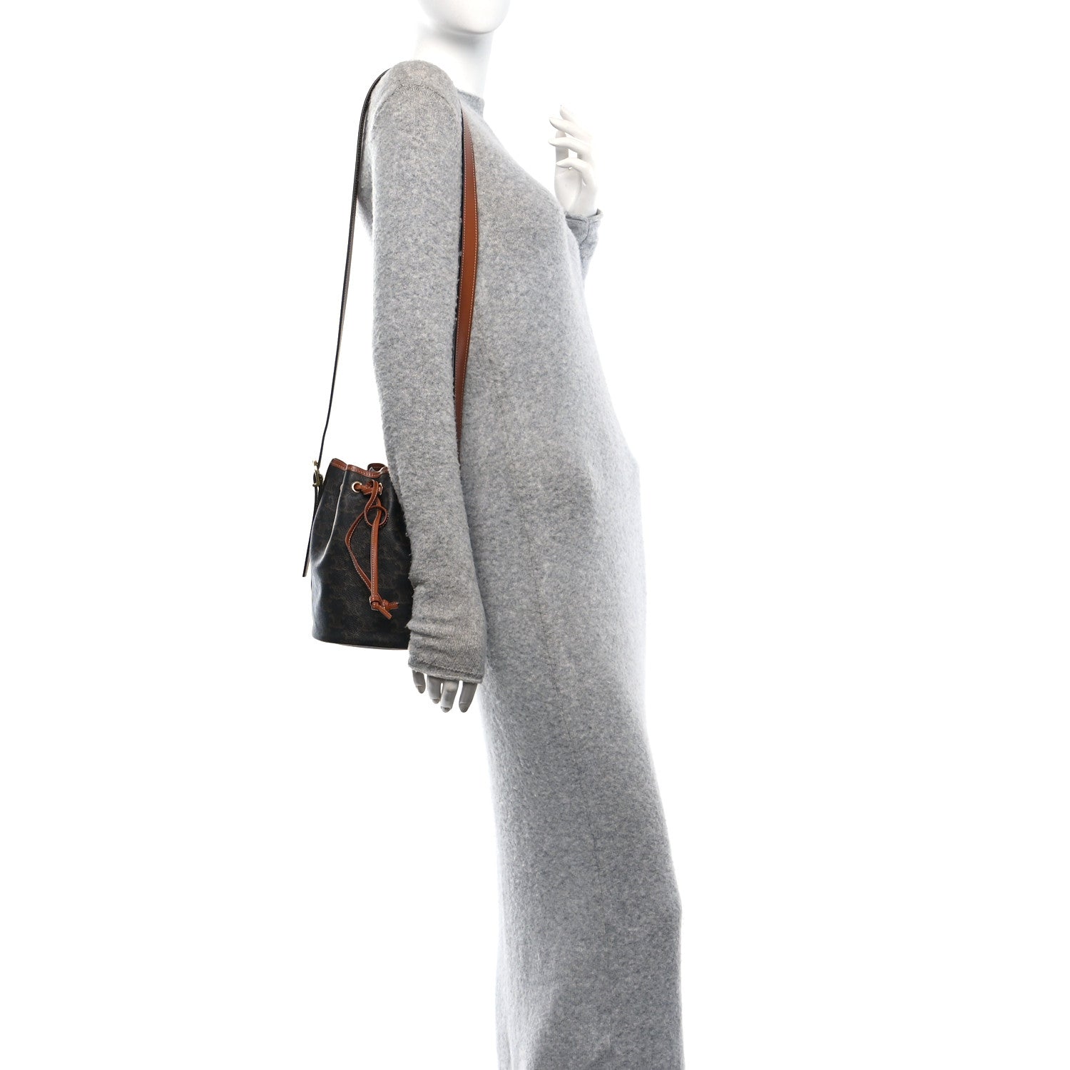 Celine Triomphe Canvas Calfskin Small Drawstring Bucket Bag Tan 2 of 11