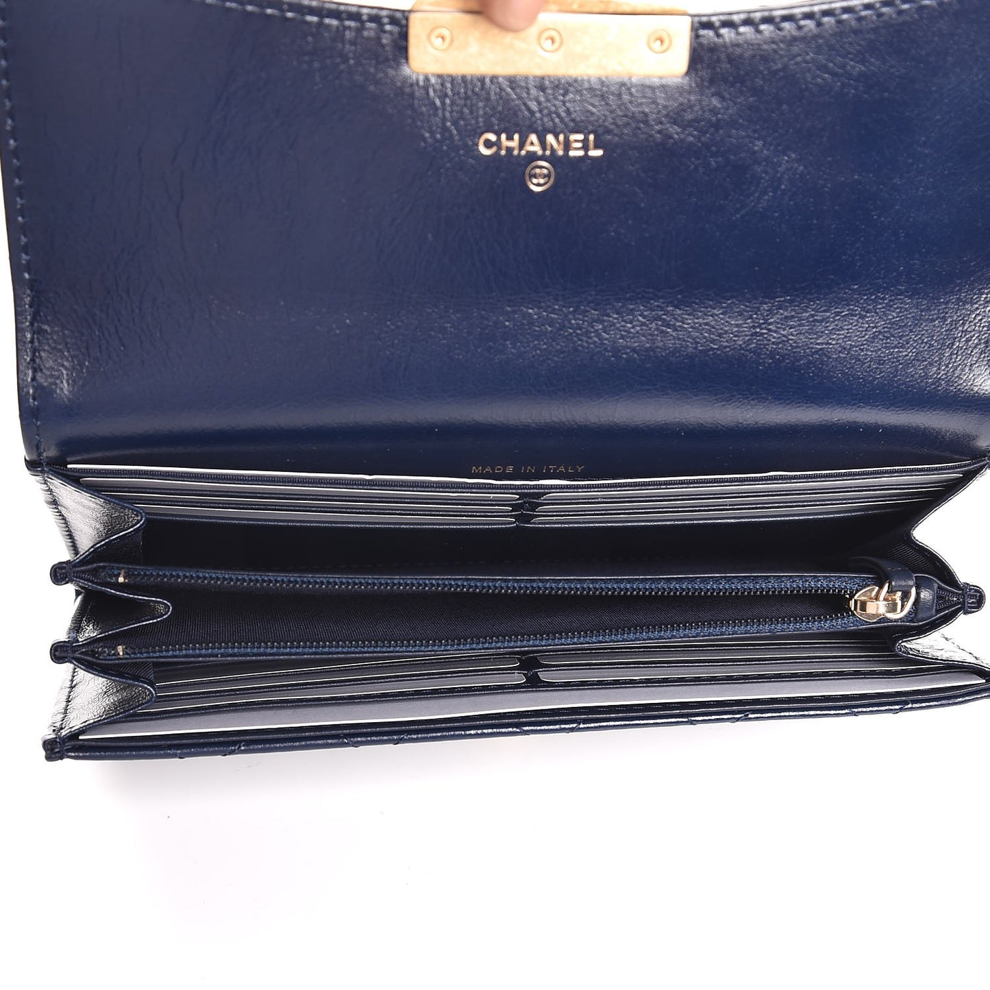 Goatskin Stitched Golden CC Flap Wallet Navy