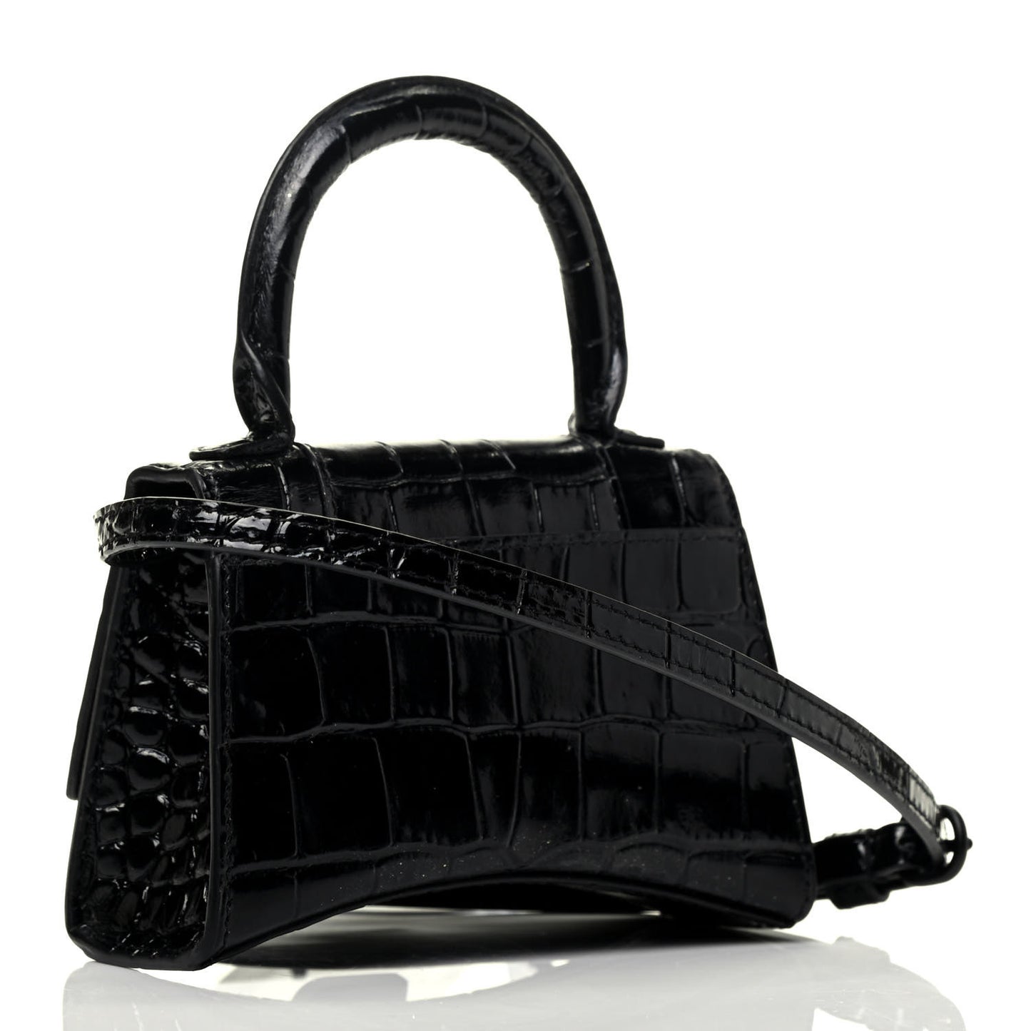 Shiny Calfskin Monochrome Crocodile Embossed Hourglass Top Handle Bag Mini Black