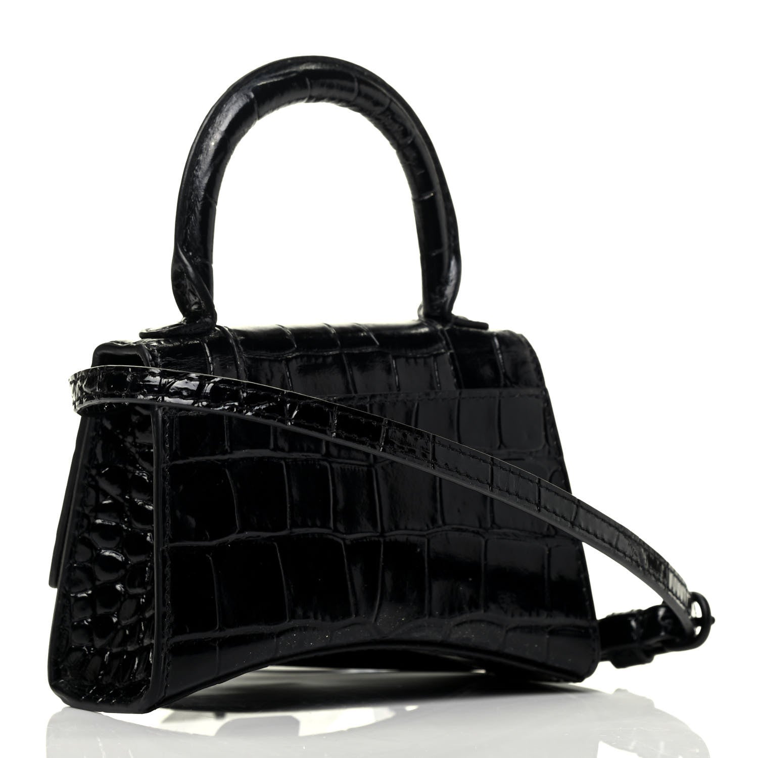 Balenciaga Shiny Calfskin Monochrome Crocodile Embossed Hourglass Top Handle Bag Mini Black 4 of 10