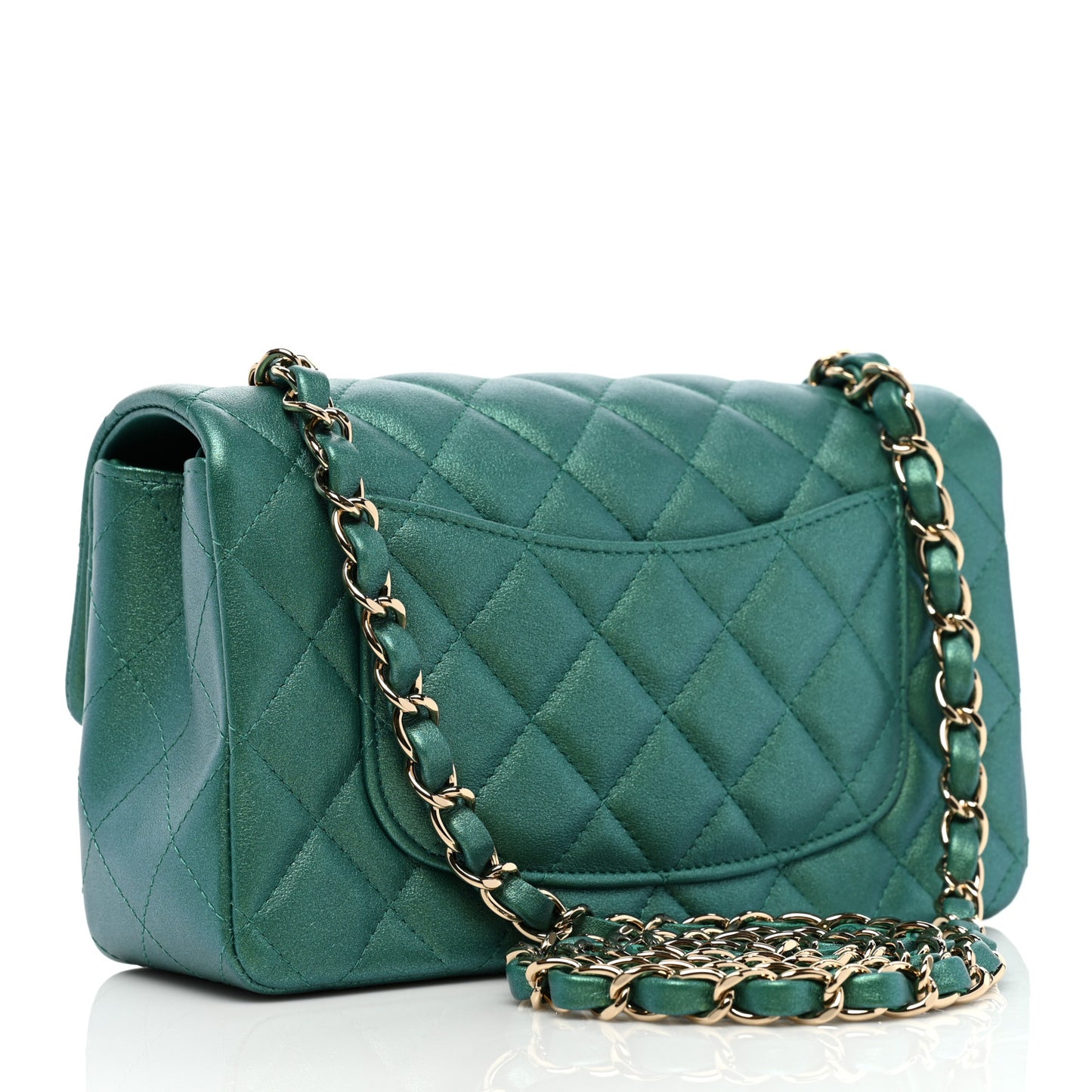 Iridescent Calfskin Quilted Mini Rectangular Flap Green