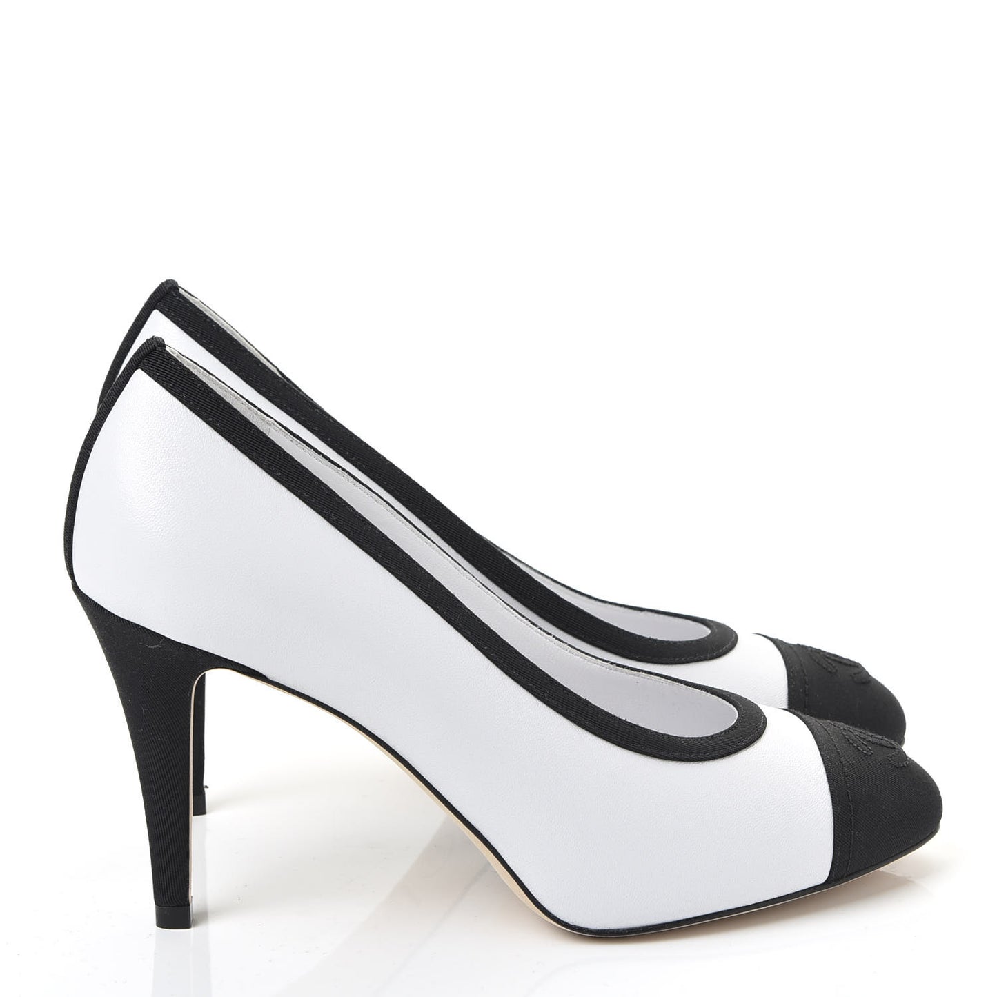 Lambskin Grosgrain Cap Toe CC Pumps 37 White Black