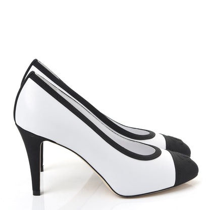 Chanel Lambskin Grosgrain Cap Toe CC Pumps 37 White Black 4 of 10