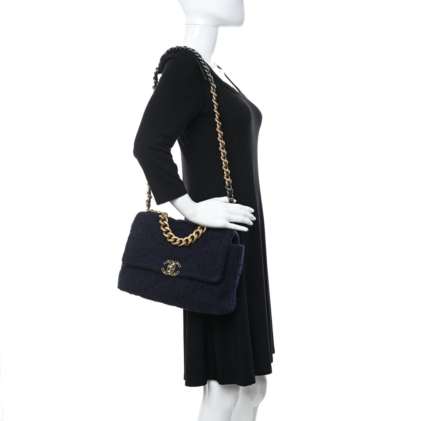 Tweed Quilted Large Chanel 19 Flap Navy Blue