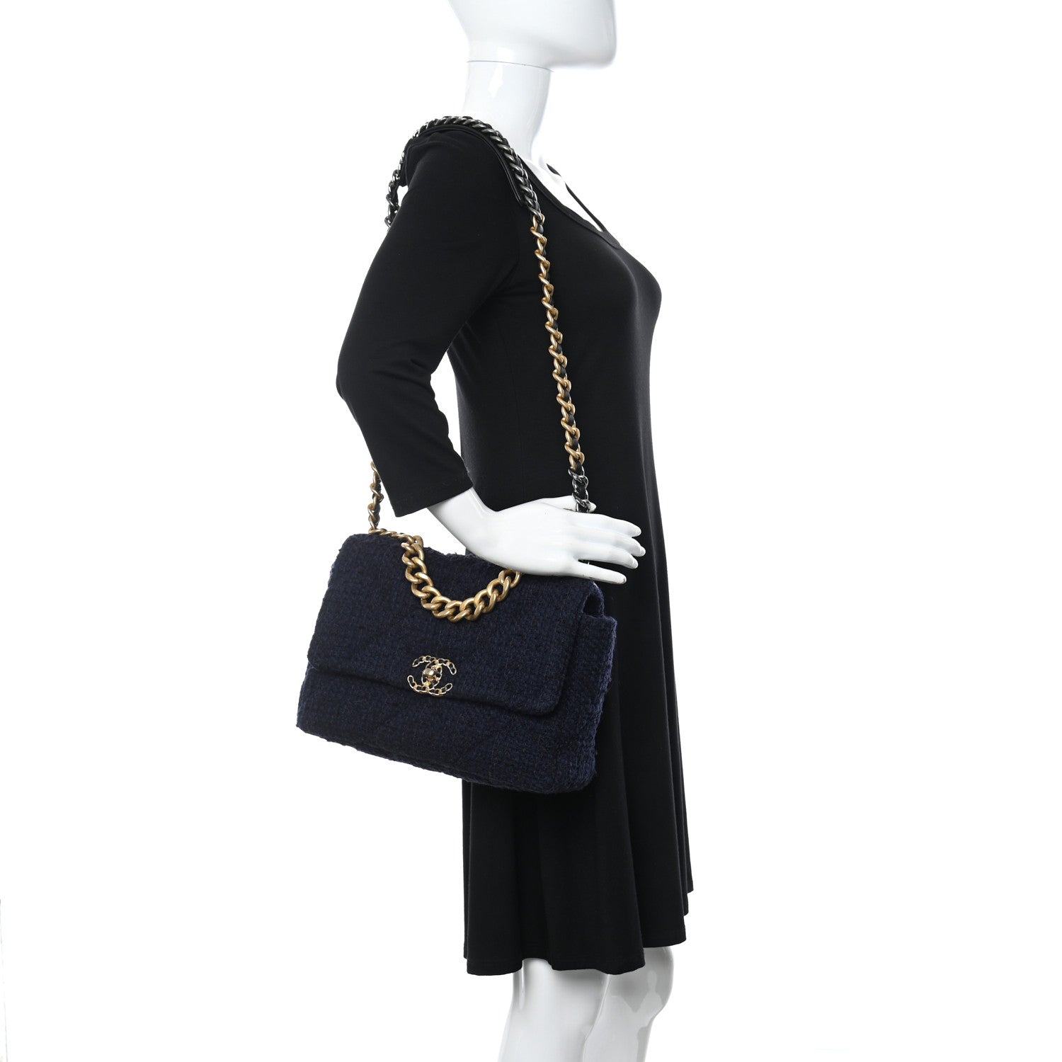 Chanel Tweed Quilted Large Chanel 19 Flap Navy Blue 2 of 10