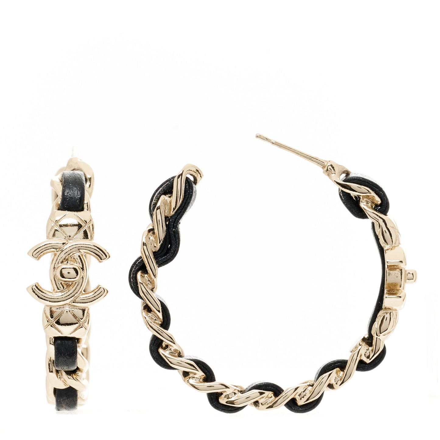 Metal Lambskin Quilted CC Turnlock Chain Hoop Earrings Gold Black