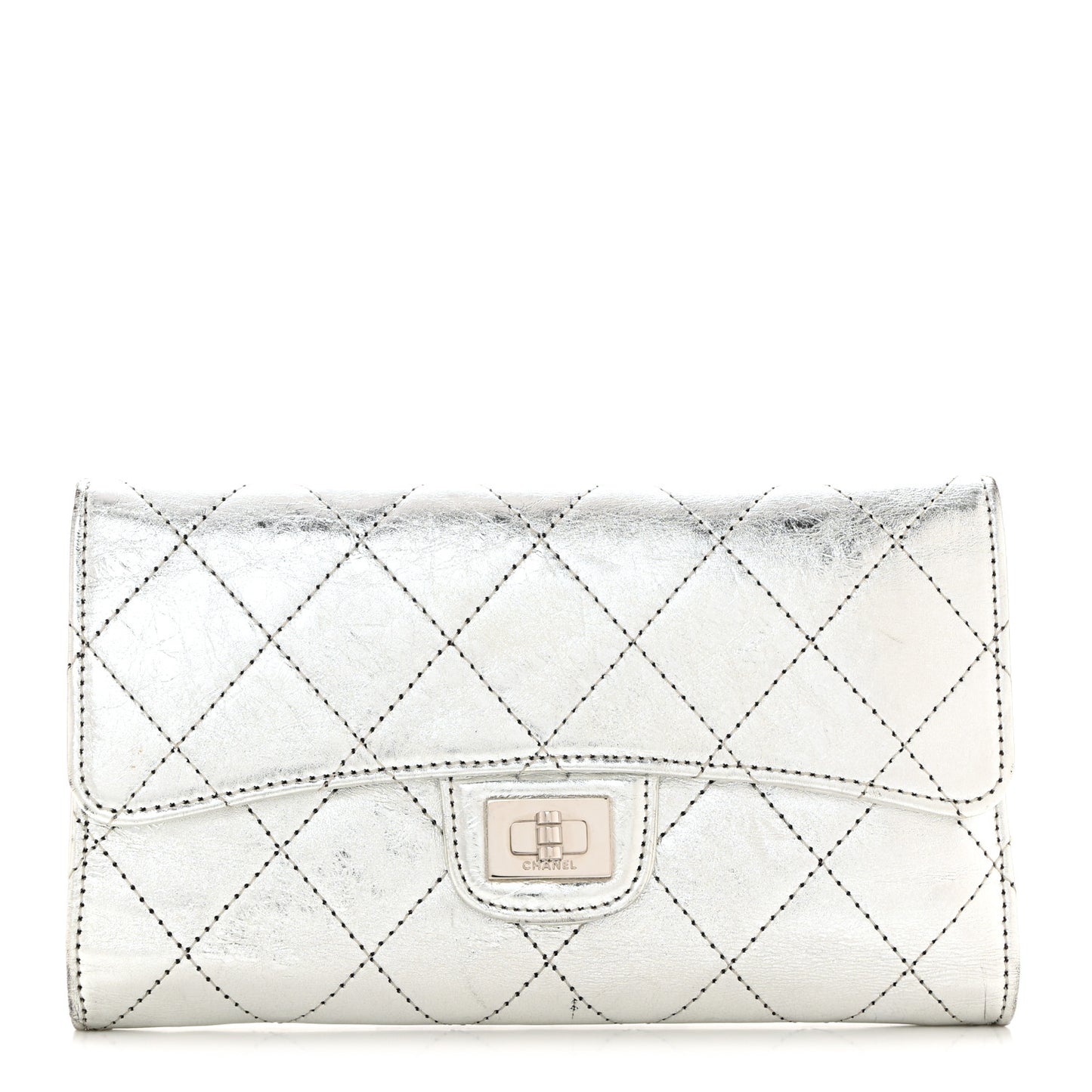 Metallic Aged Calfskin Quilted Reissue Long Flap Wallet Light Silver