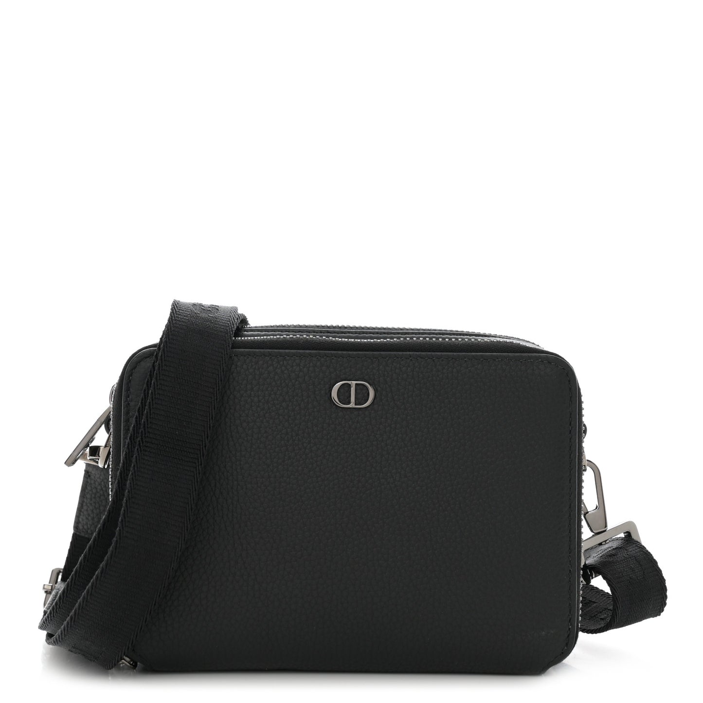 Grained Calfskin CD Icon Zipped Pouch With Strap Black