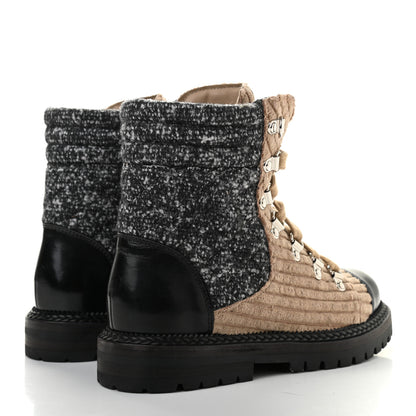 Chanel Tweed Corduroy Calfskin Quilted Lace Up Boots 35 Beige Black 4 of 9