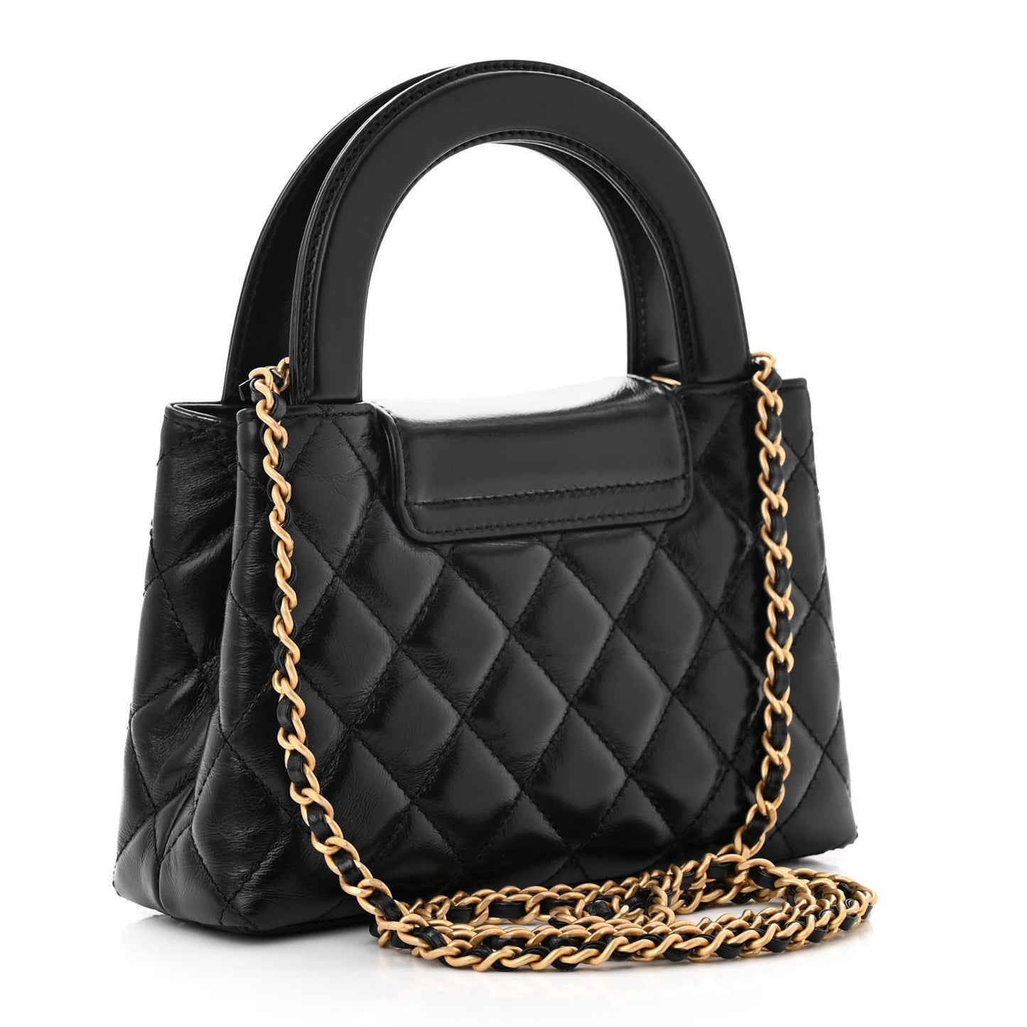Shiny Aged Calfskin Quilted Nano Kelly Shopper Black