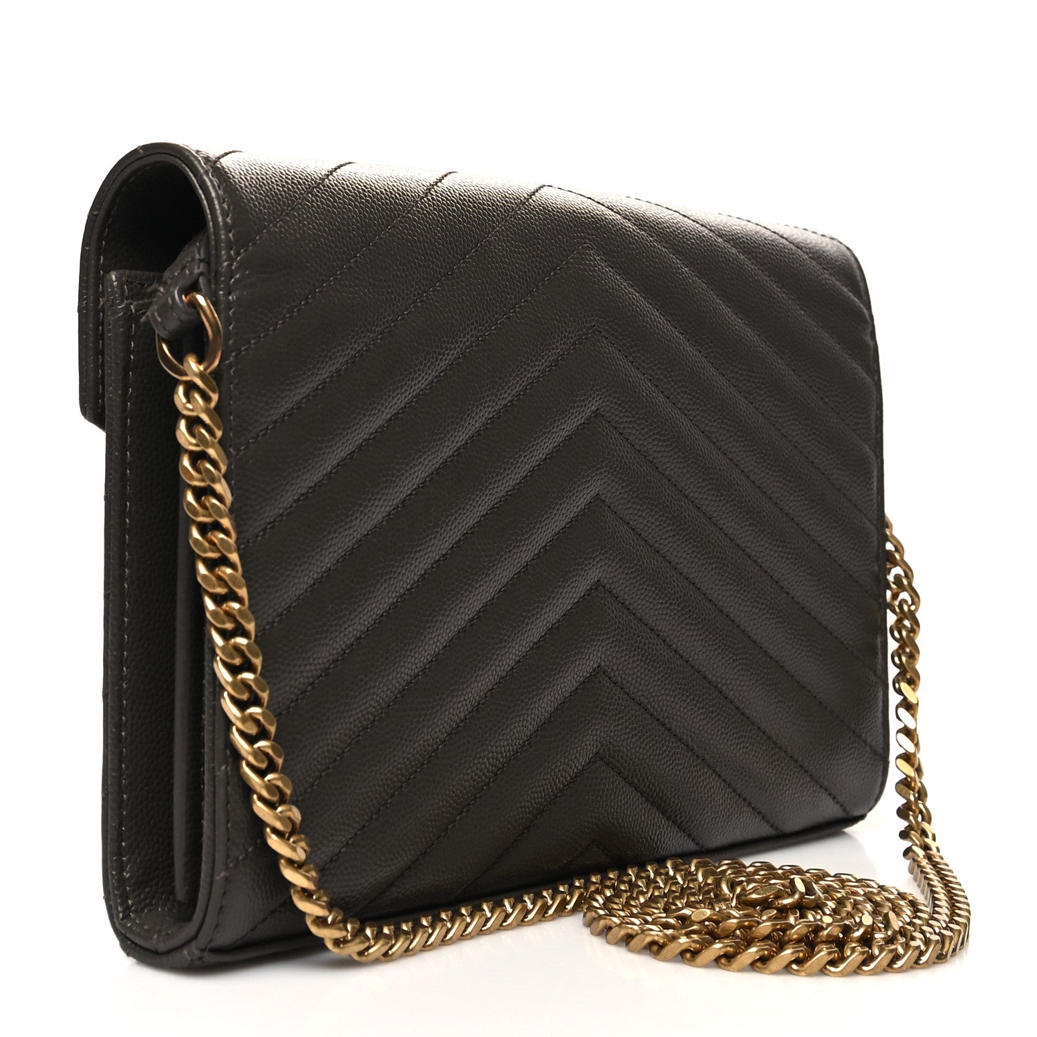 Saint Laurent Grain De Poudre Matelasse Chevron Monogram Chain Wallet Oyster Grey 3 of 9
