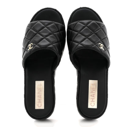 Chanel Lambskin Quilted CC Mules Wedge Sandals 40 Black 2 of 15