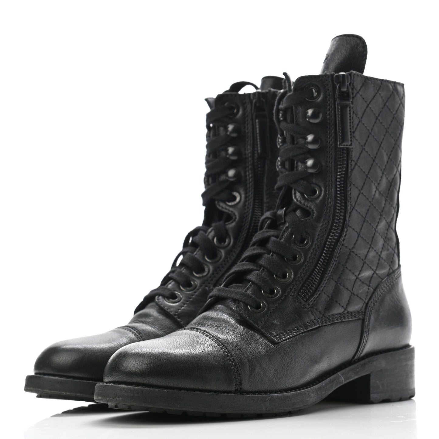Sheepskin Quilted CC Tall Lace Up Combat Boots 37 Black