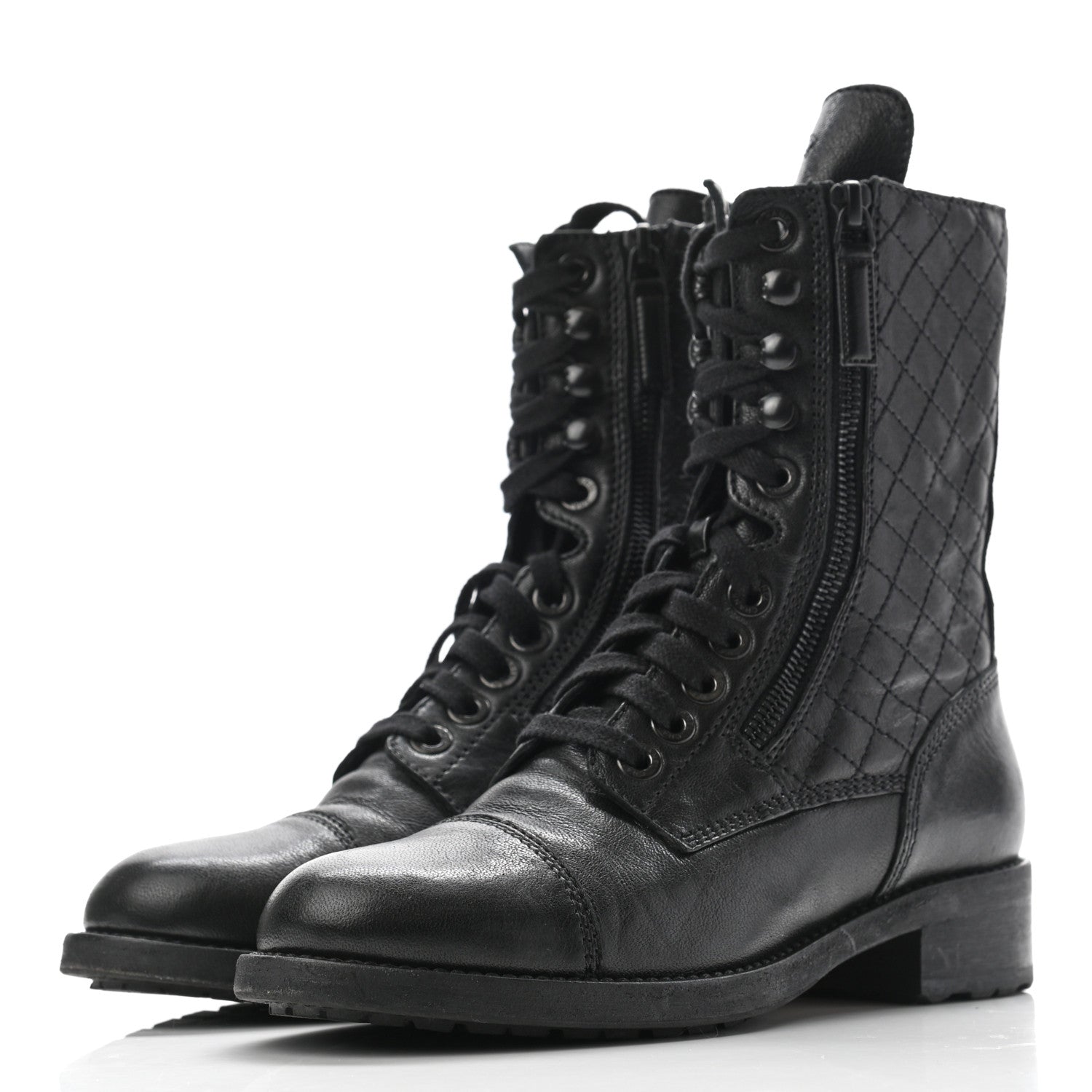 Chanel Sheepskin Quilted CC Tall Lace Up Combat Boots 37 Black 3 of 13