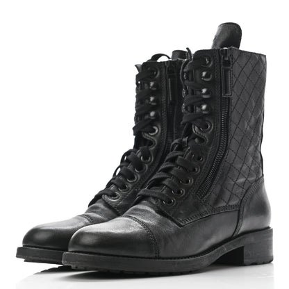 Chanel Sheepskin Quilted CC Tall Lace Up Combat Boots 37 Black 3 of 13
