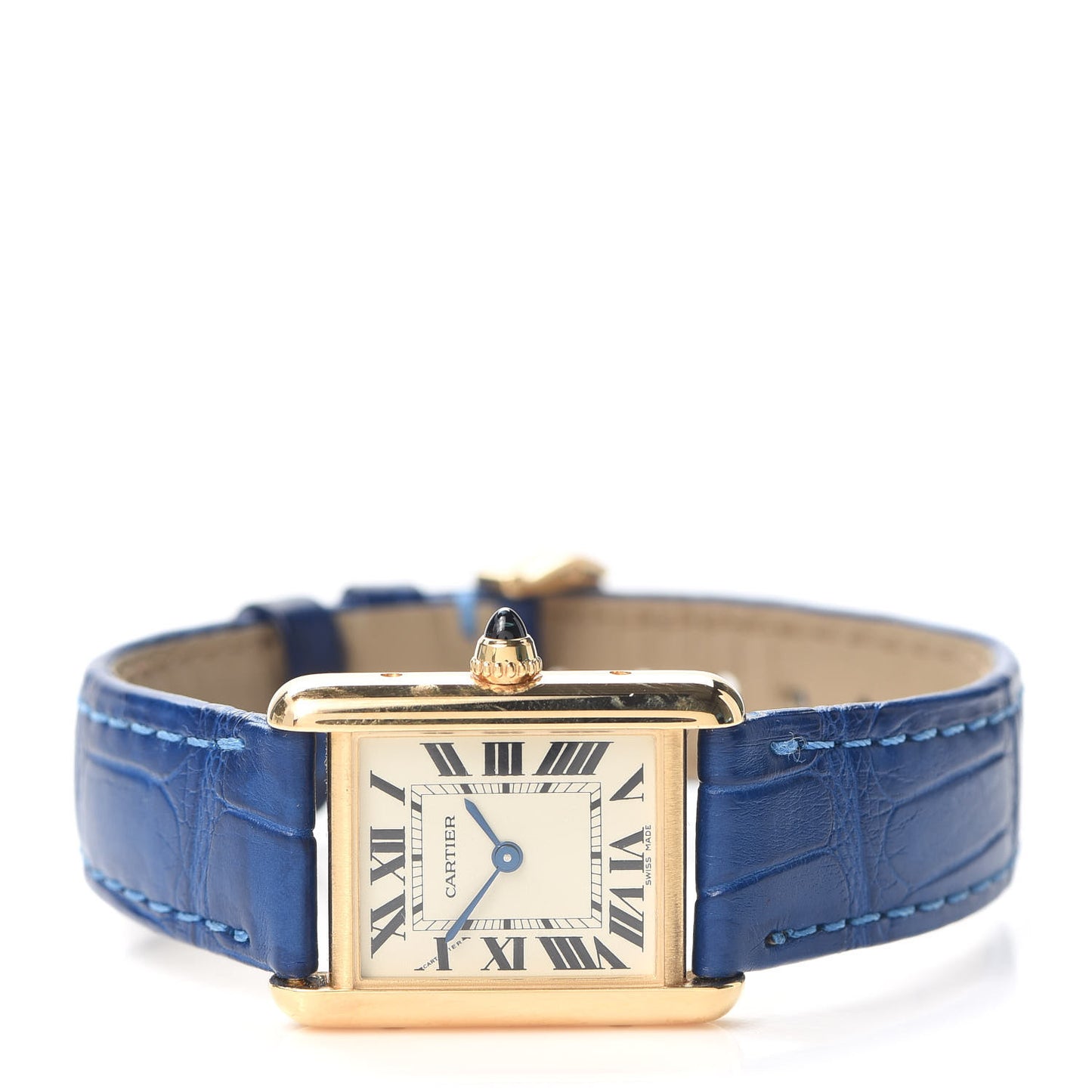 18K Yellow Gold Alligator 20mm Tank Louis Quartz Watch Blue