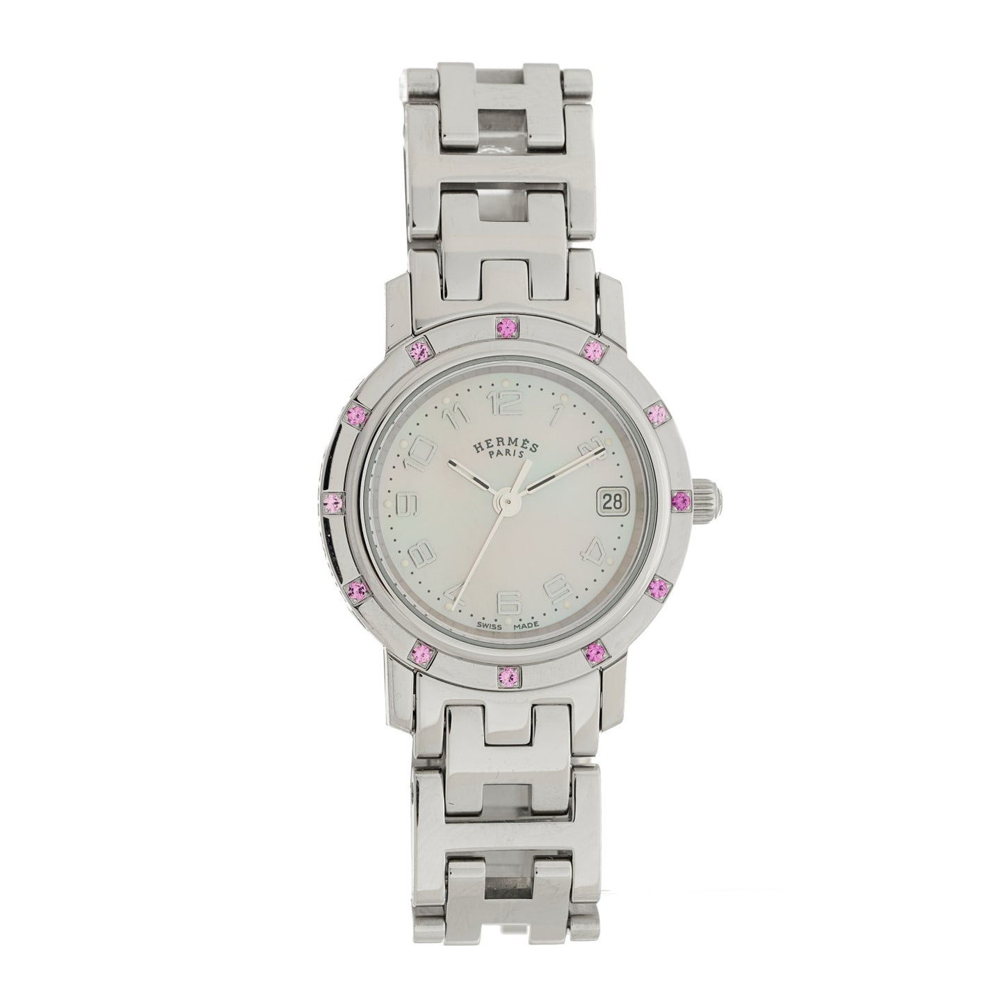 Stainless Steel Pink Sapphire Mother of Pearl 24mm Clipper Nacre Quartz Watch